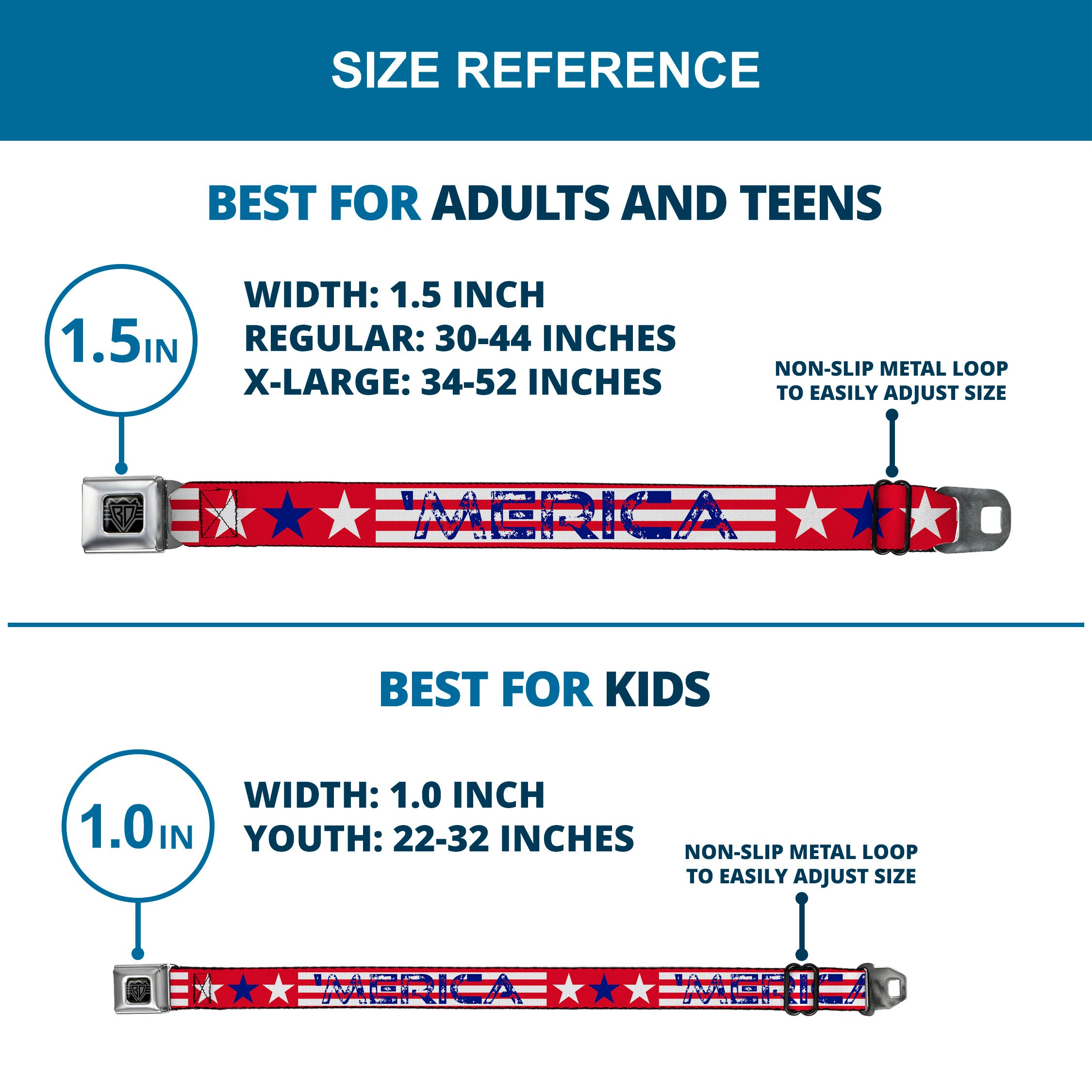 BD Wings Logo CLOSE-UP Full Color Black Silver Seatbelt Belt - 'MERICA Stripes/Stars Red/White/Blue Webbing Seatbelt Belts Buckle-Down