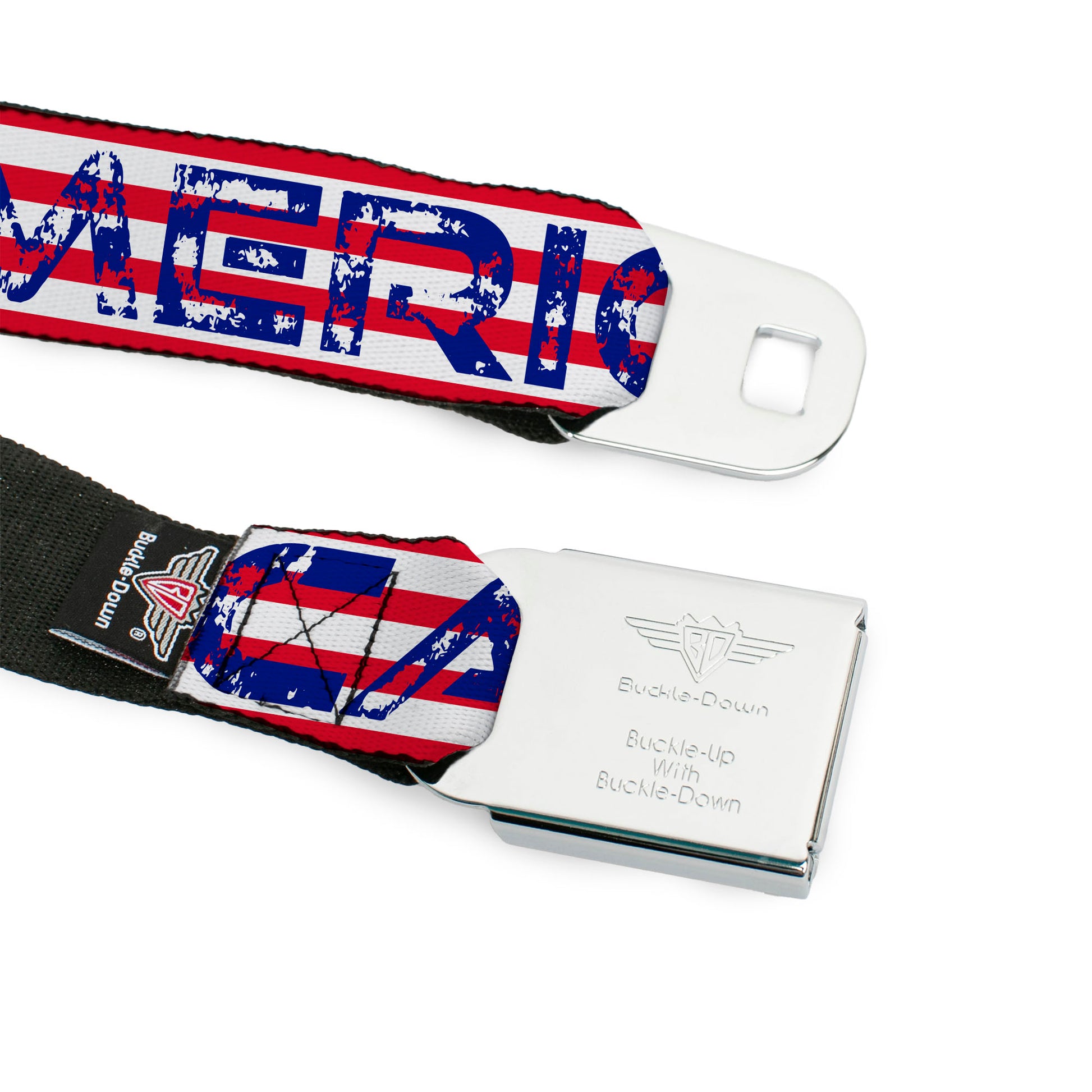 BD Wings Logo CLOSE-UP Full Color Black Silver Seatbelt Belt - 'MERICA Stripes/Stars Red/White/Blue Webbing Seatbelt Belts Buckle-Down