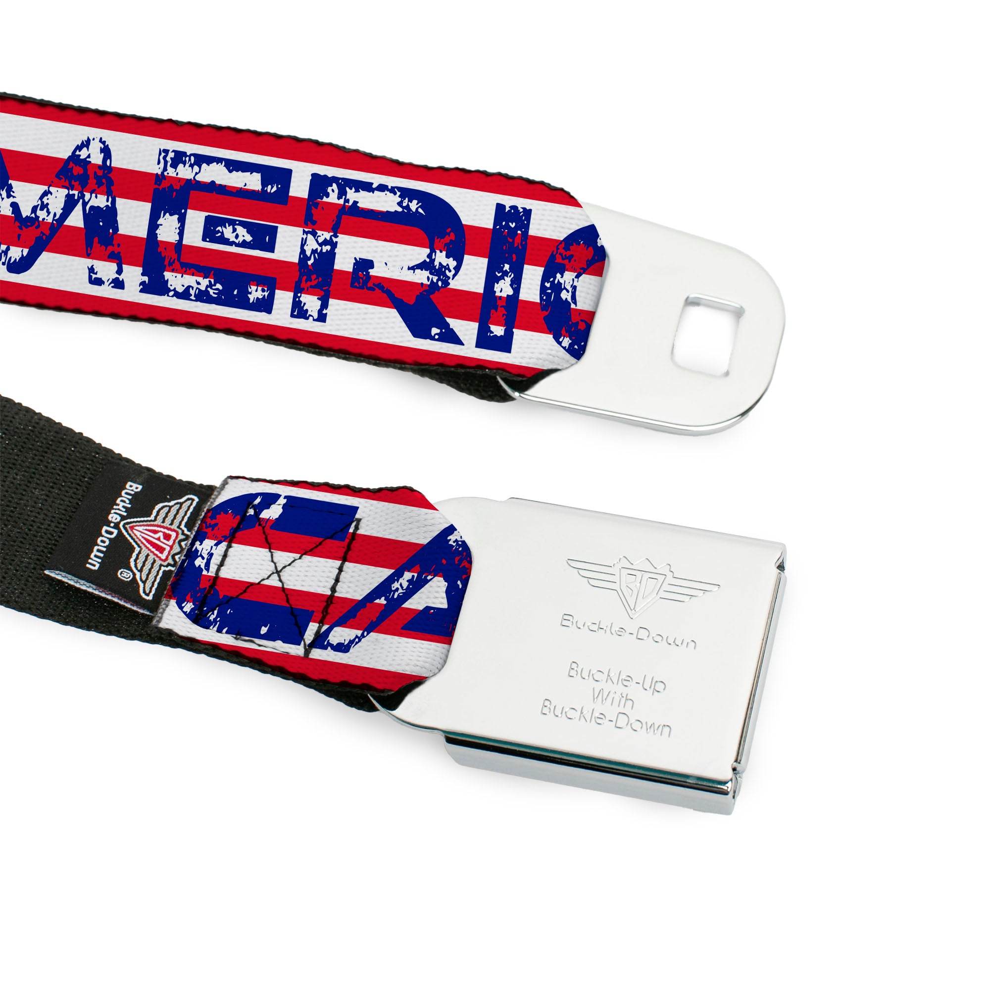 BD Wings Logo CLOSE-UP Full Color Black Silver Seatbelt Belt - 'MERICA Stripes/Stars Red/White/Blue Webbing Seatbelt Belts Buckle-Down