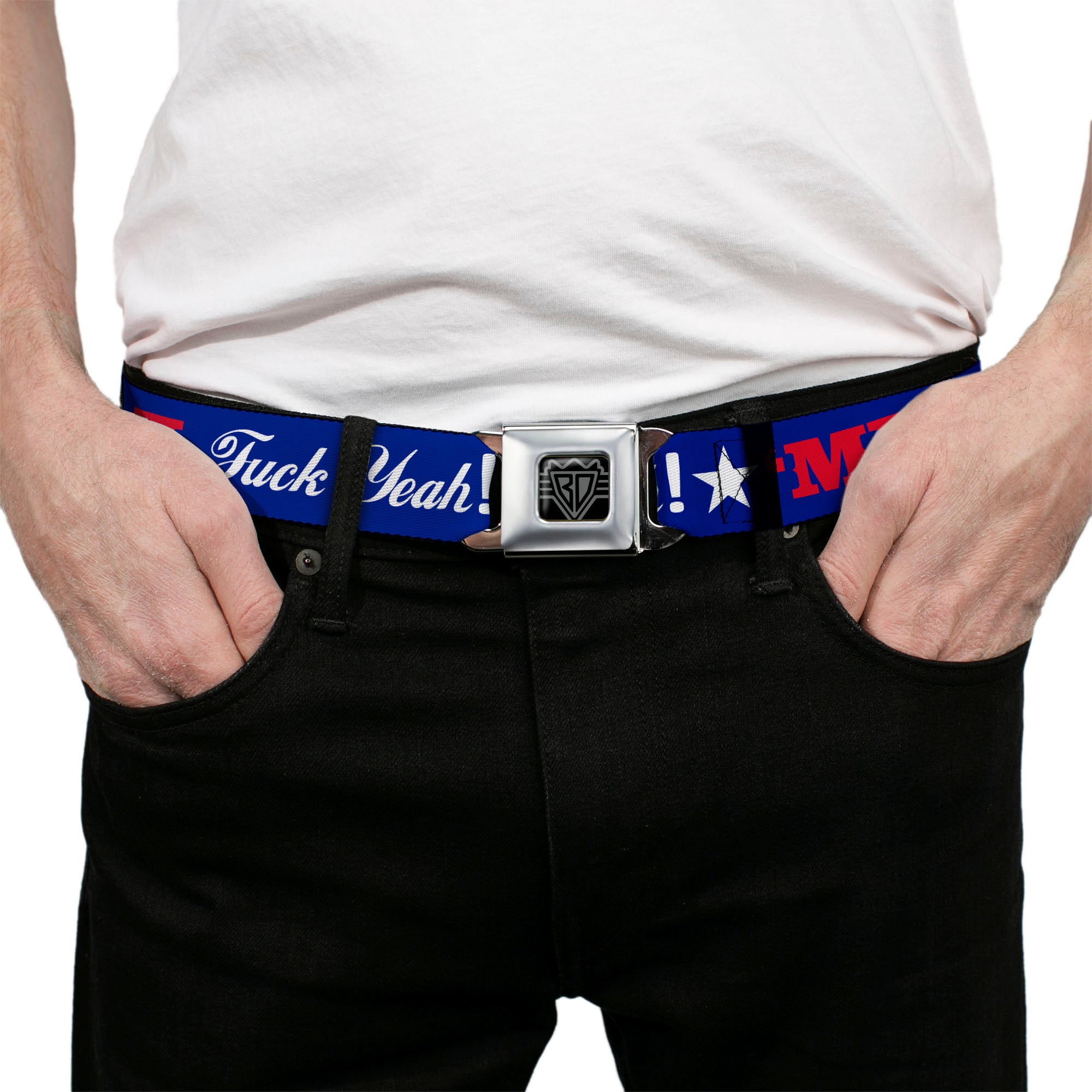 BD Wings Logo CLOSE-UP Full Color Black Silver Seatbelt Belt - 'MERICA FUCK YEAH!/Star Blue/Red/White Webbing Seatbelt Belts Buckle-Down