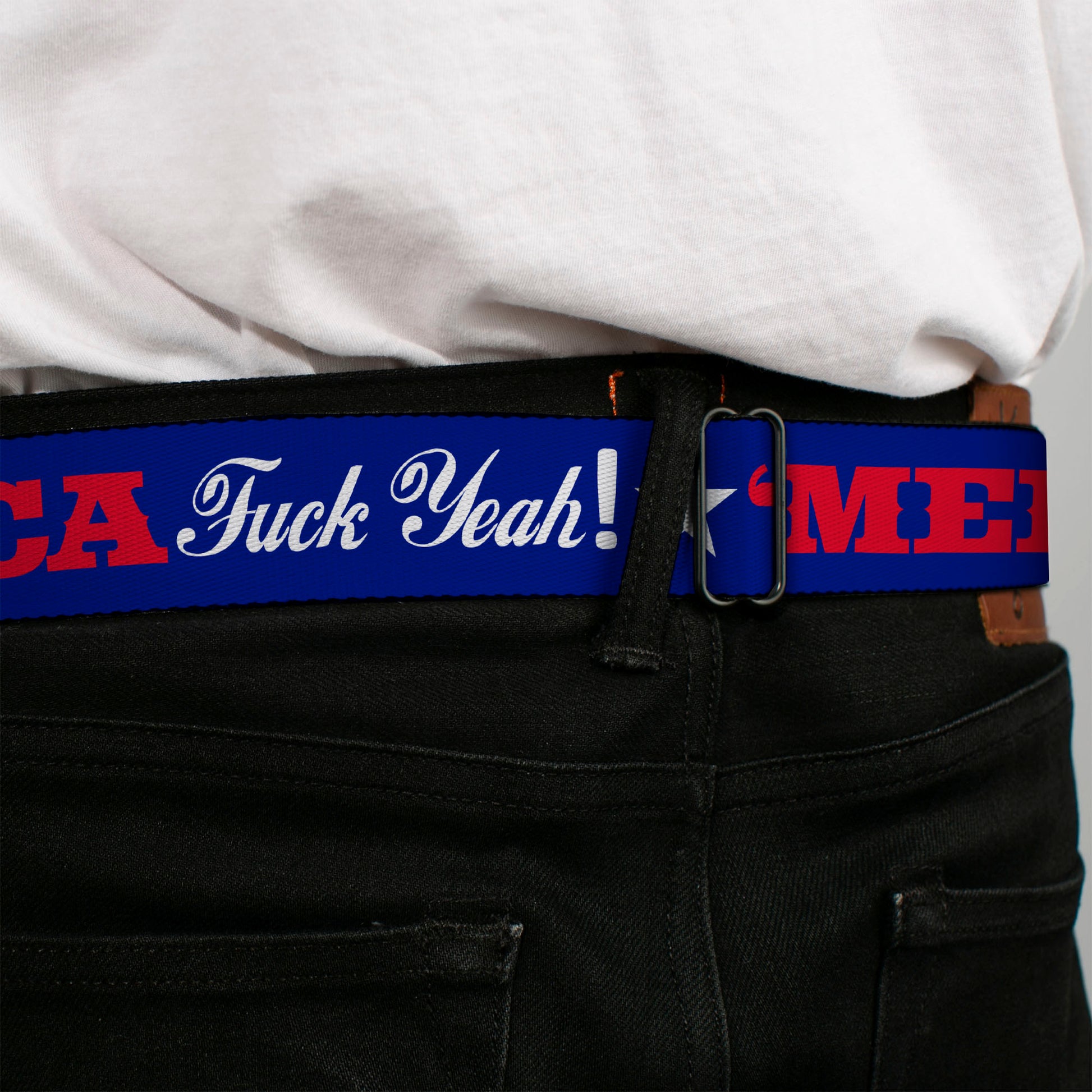 BD Wings Logo CLOSE-UP Full Color Black Silver Seatbelt Belt - 'MERICA FUCK YEAH!/Star Blue/Red/White Webbing Seatbelt Belts Buckle-Down