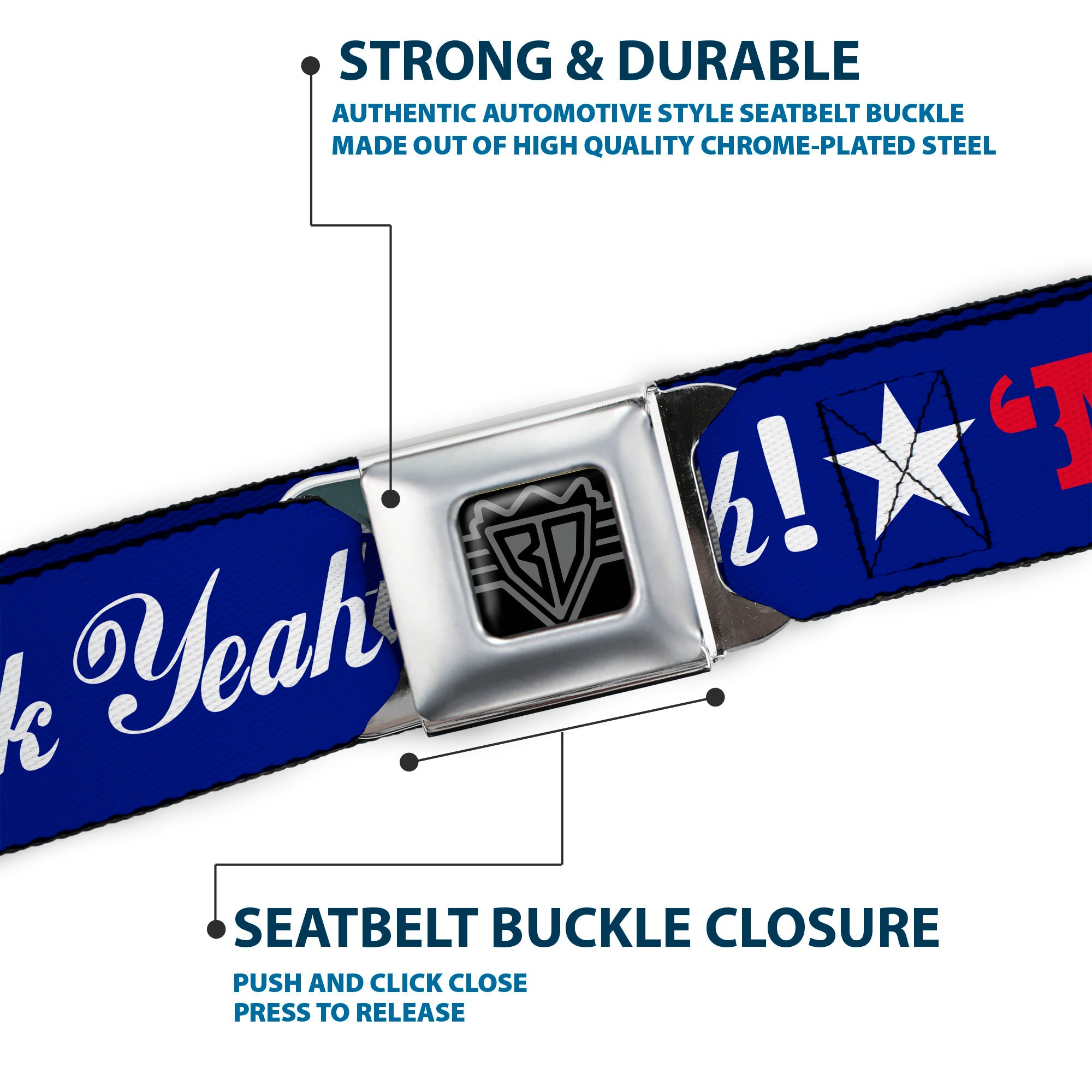 BD Wings Logo CLOSE-UP Full Color Black Silver Seatbelt Belt - 'MERICA FUCK YEAH!/Star Blue/Red/White Webbing Seatbelt Belts Buckle-Down