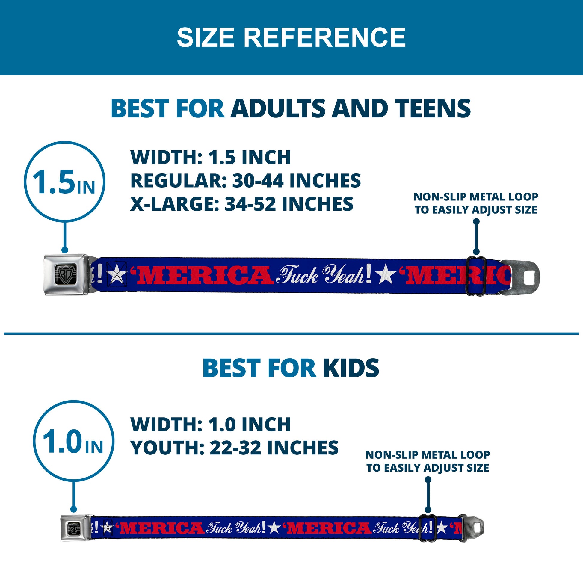 BD Wings Logo CLOSE-UP Full Color Black Silver Seatbelt Belt - 'MERICA FUCK YEAH!/Star Blue/Red/White Webbing Seatbelt Belts Buckle-Down