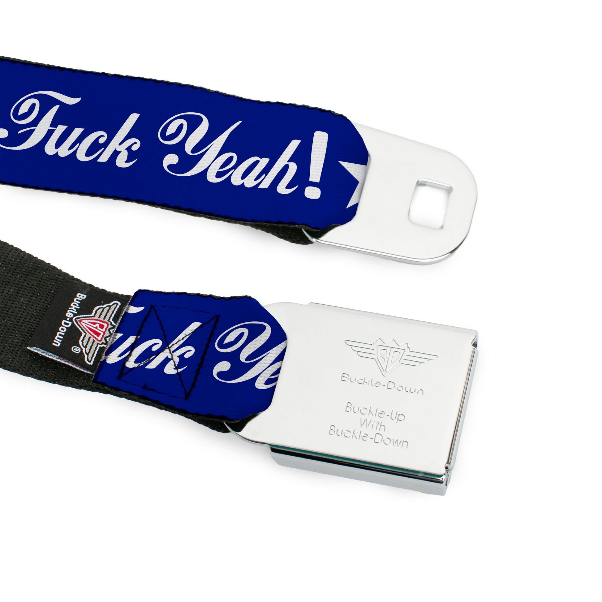 BD Wings Logo CLOSE-UP Full Color Black Silver Seatbelt Belt - 'MERICA FUCK YEAH!/Star Blue/Red/White Webbing Seatbelt Belts Buckle-Down