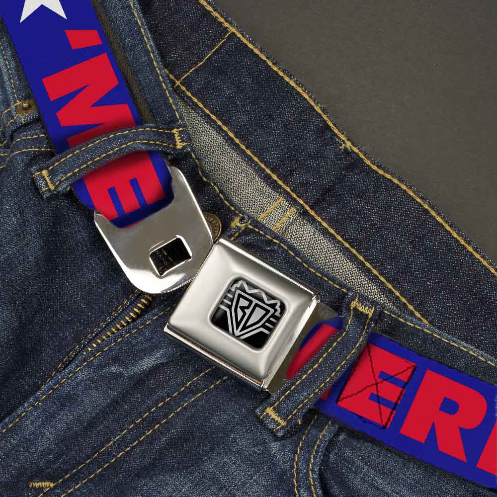 BD Wings Logo CLOSE-UP Full Color Black Silver Seatbelt Belt - 'MERICA/Star Blue/Red/White Webbing Seatbelt Belts Buckle-Down