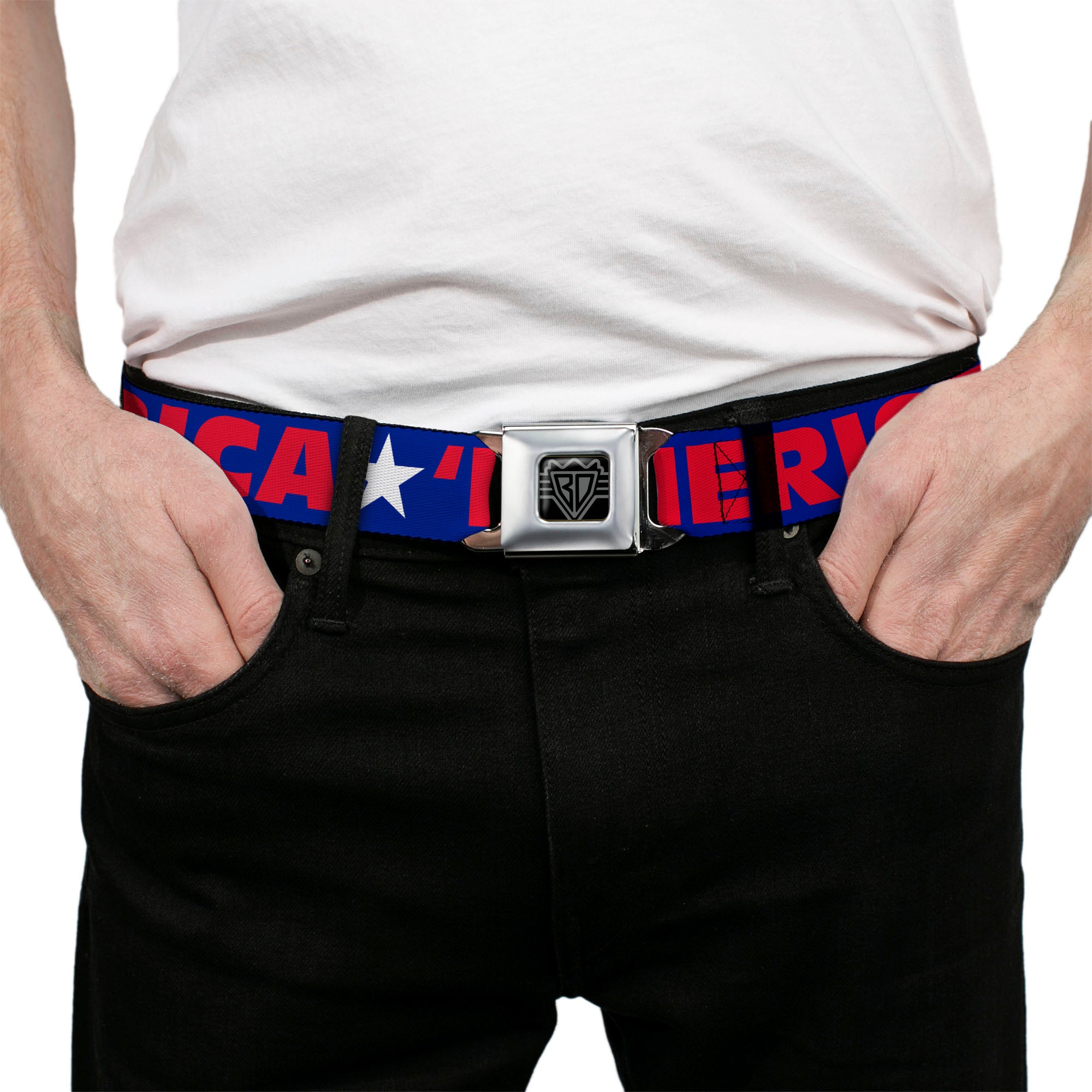 BD Wings Logo CLOSE-UP Full Color Black Silver Seatbelt Belt - 'MERICA/Star Blue/Red/White Webbing Seatbelt Belts Buckle-Down