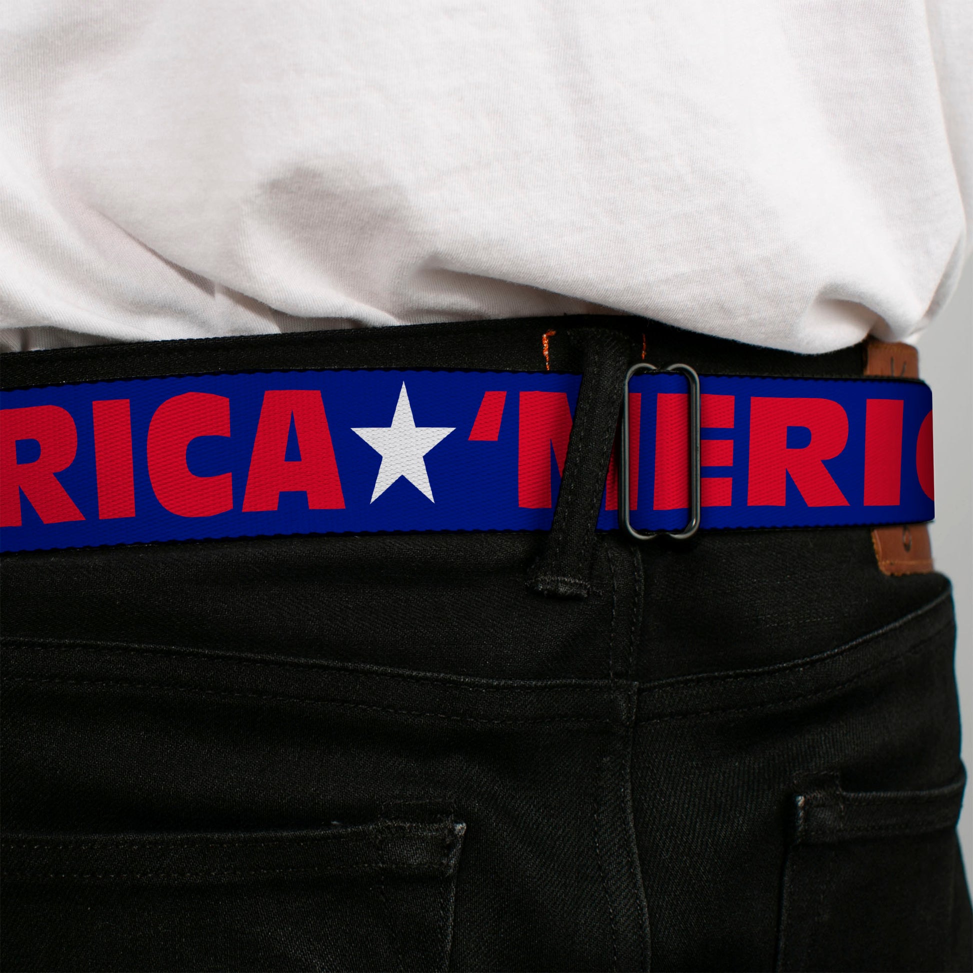 BD Wings Logo CLOSE-UP Full Color Black Silver Seatbelt Belt - 'MERICA/Star Blue/Red/White Webbing Seatbelt Belts Buckle-Down