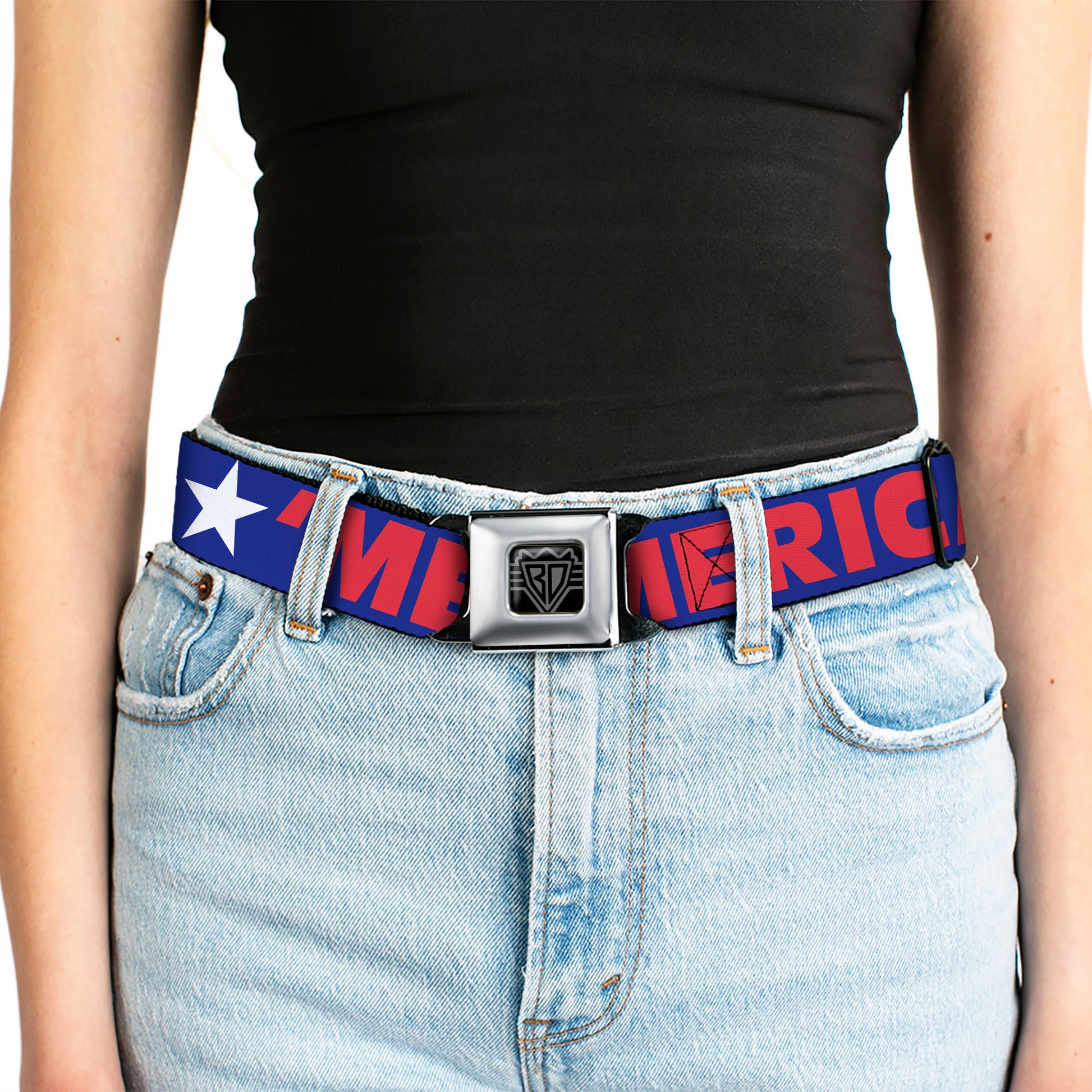 BD Wings Logo CLOSE-UP Full Color Black Silver Seatbelt Belt - 'MERICA/Star Blue/Red/White Webbing Seatbelt Belts Buckle-Down