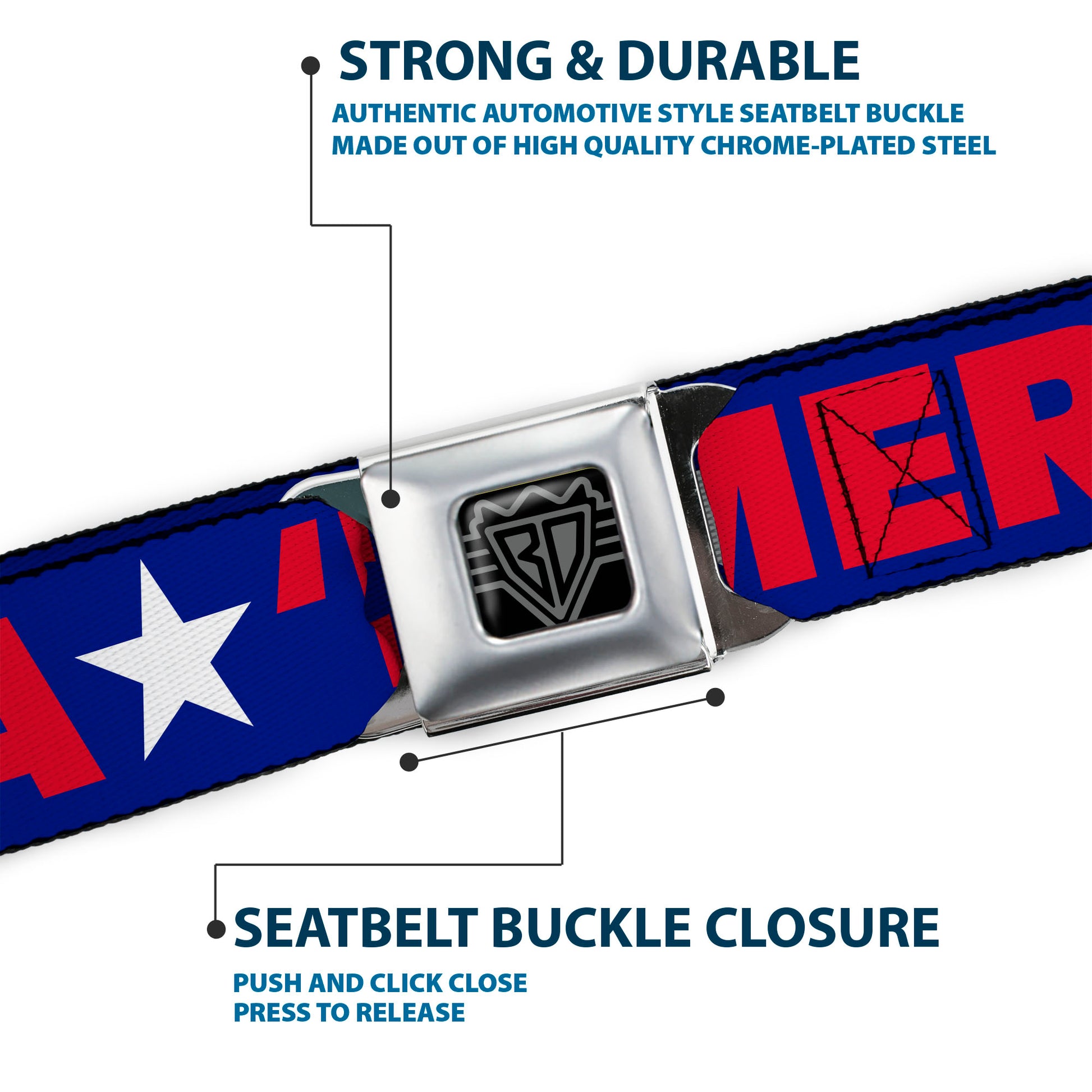BD Wings Logo CLOSE-UP Full Color Black Silver Seatbelt Belt - 'MERICA/Star Blue/Red/White Webbing Seatbelt Belts Buckle-Down