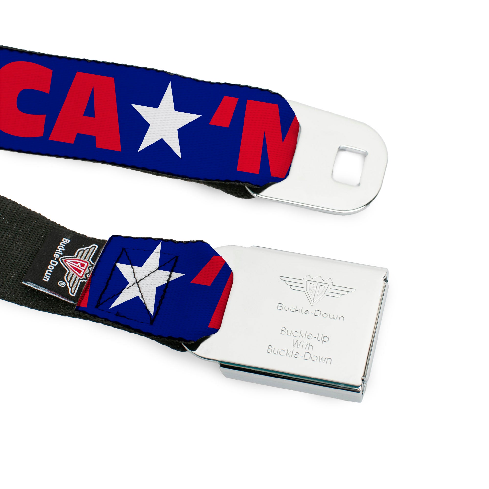 BD Wings Logo CLOSE-UP Full Color Black Silver Seatbelt Belt - 'MERICA/Star Blue/Red/White Webbing Seatbelt Belts Buckle-Down