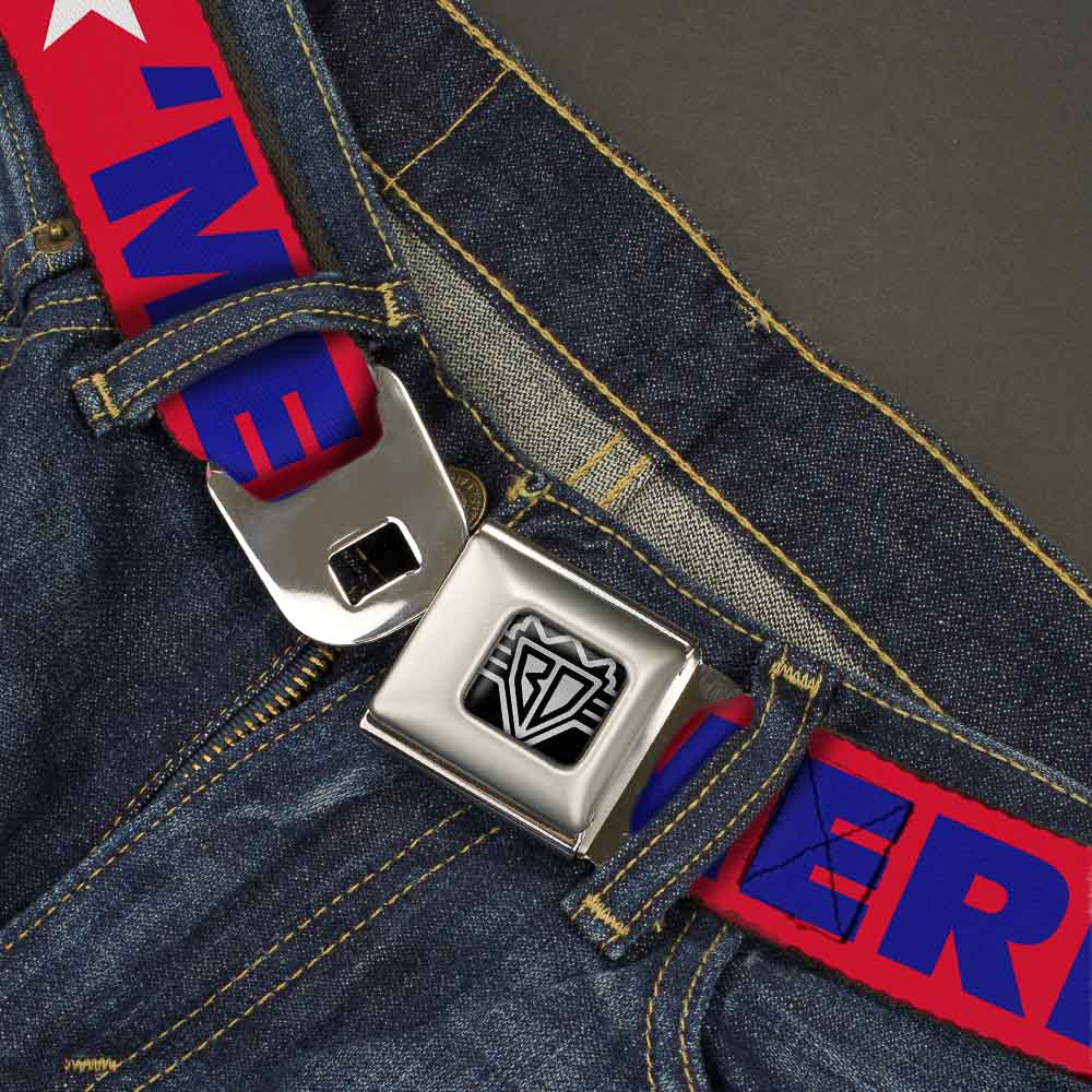 BD Wings Logo CLOSE-UP Full Color Black Silver Seatbelt Belt - 'MERICA/Star Red/Blue/White Webbing Seatbelt Belts Buckle-Down