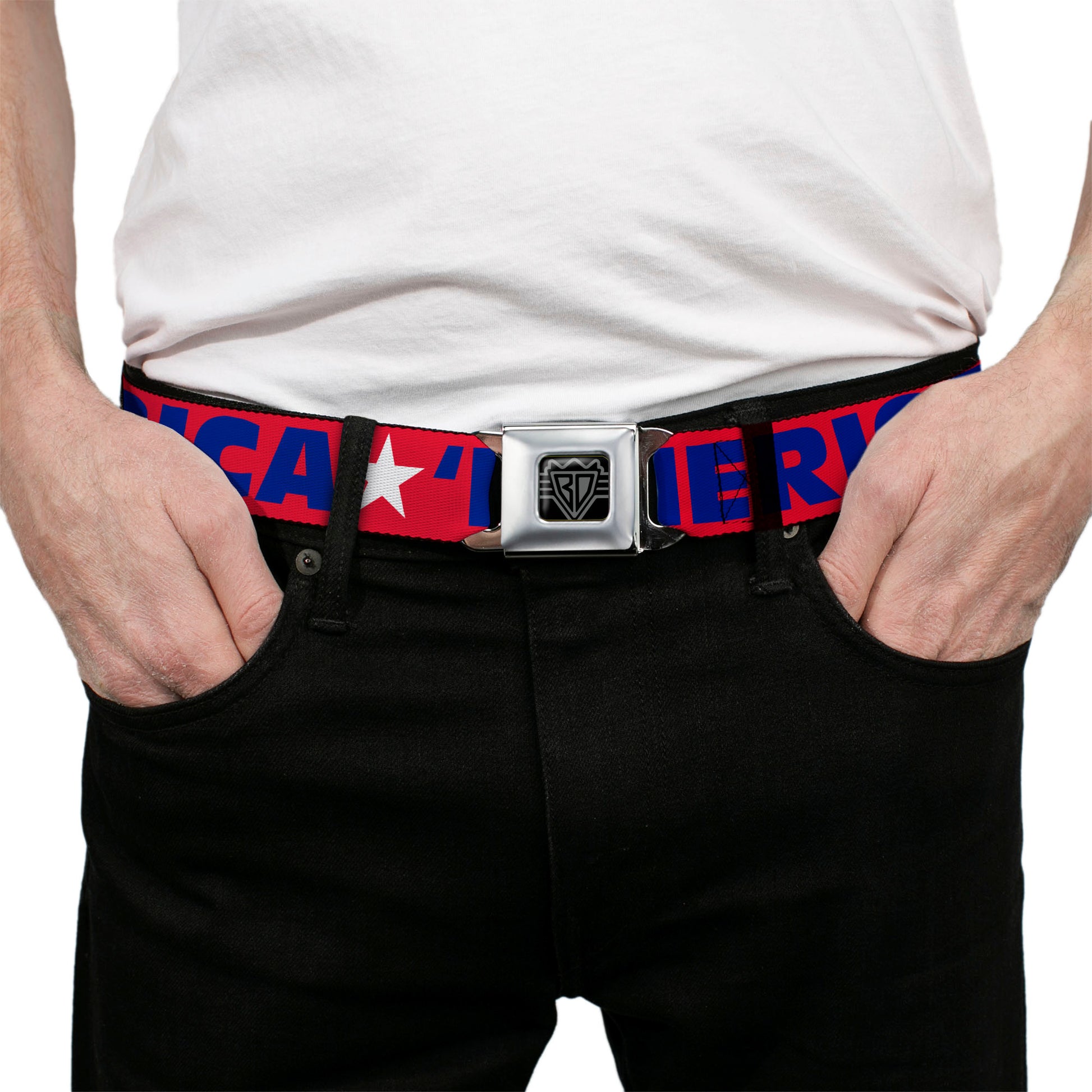 BD Wings Logo CLOSE-UP Full Color Black Silver Seatbelt Belt - 'MERICA/Star Red/Blue/White Webbing Seatbelt Belts Buckle-Down