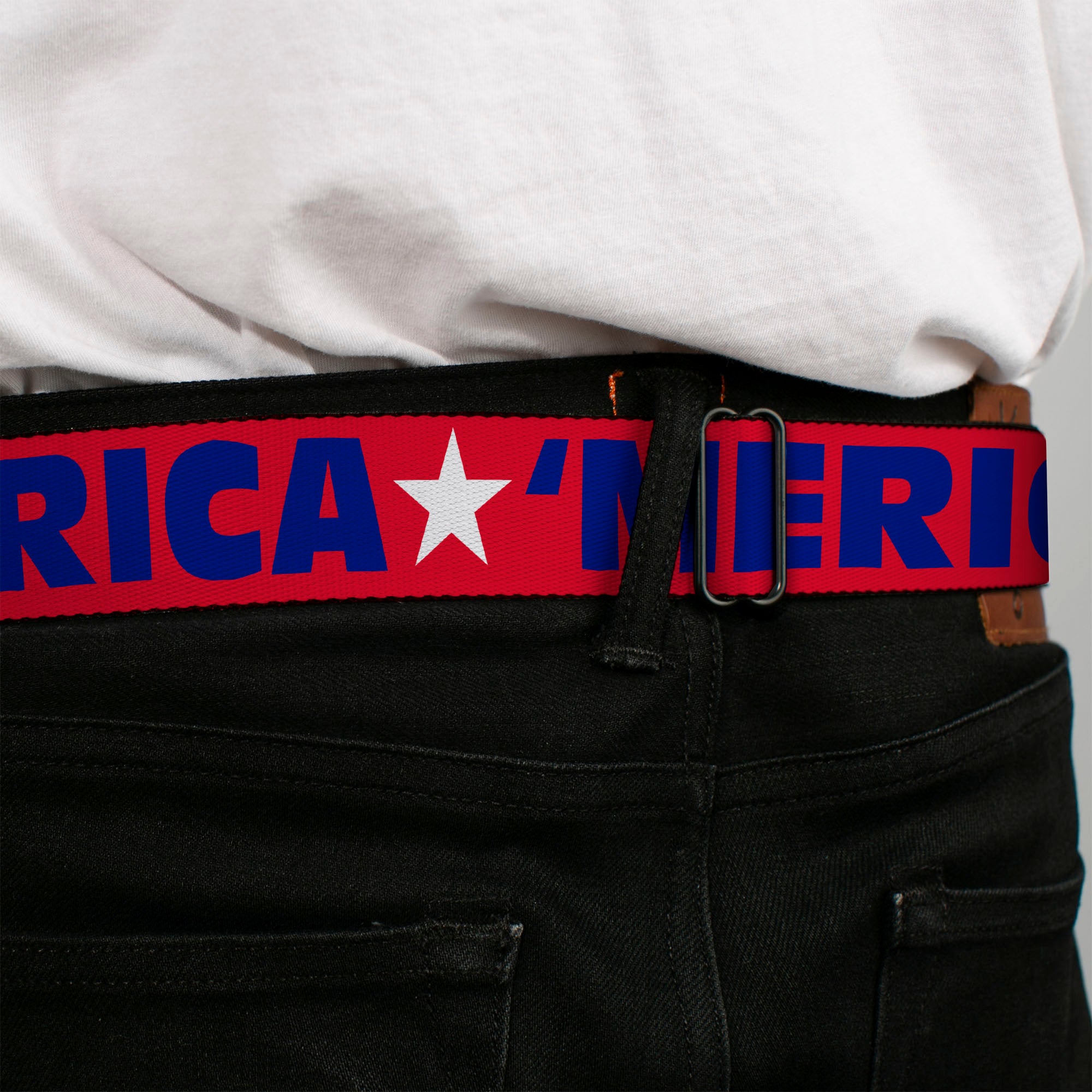 BD Wings Logo CLOSE-UP Full Color Black Silver Seatbelt Belt - 'MERICA/Star Red/Blue/White Webbing Seatbelt Belts Buckle-Down