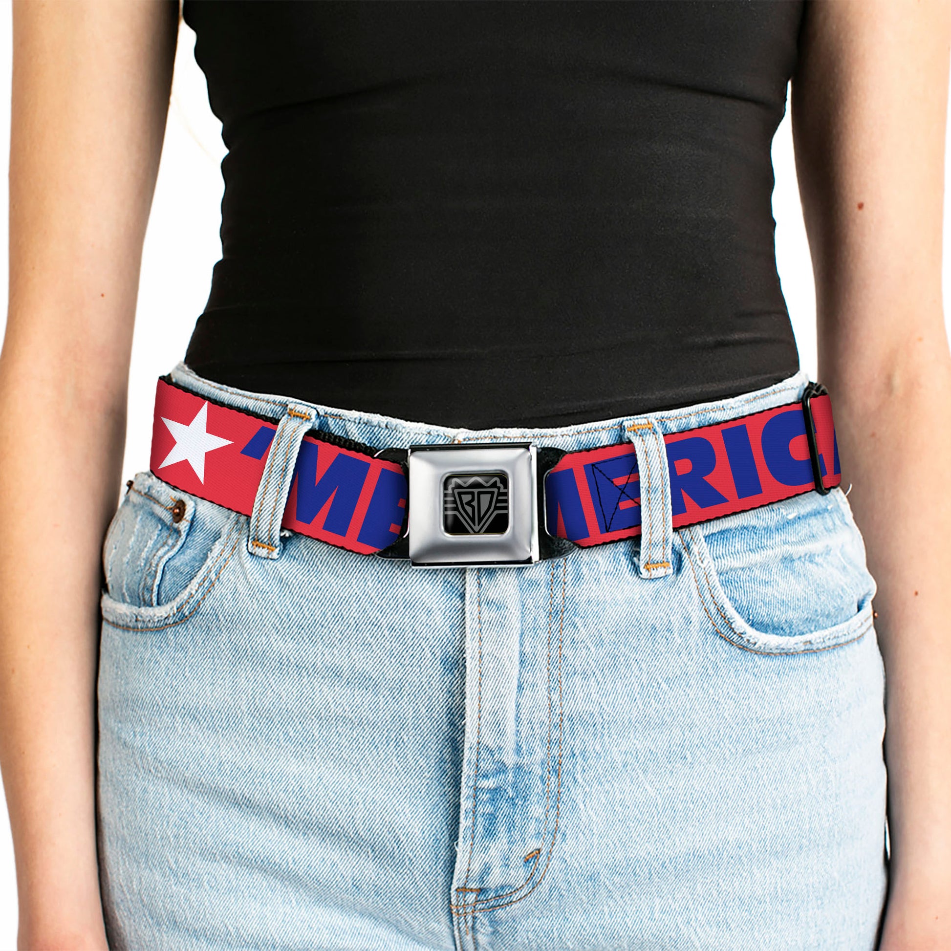 BD Wings Logo CLOSE-UP Full Color Black Silver Seatbelt Belt - 'MERICA/Star Red/Blue/White Webbing Seatbelt Belts Buckle-Down