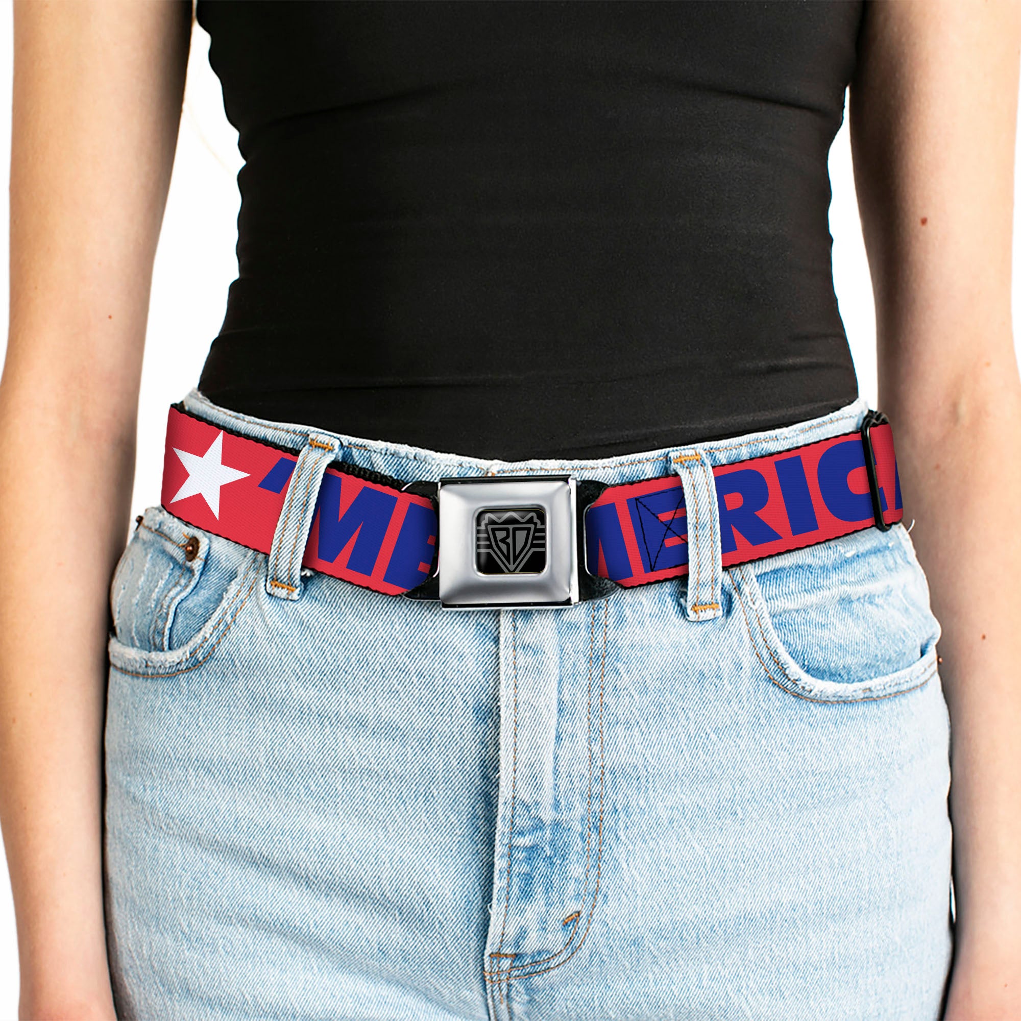 BD Wings Logo CLOSE-UP Full Color Black Silver Seatbelt Belt - 'MERICA/Star Red/Blue/White Webbing Seatbelt Belts Buckle-Down