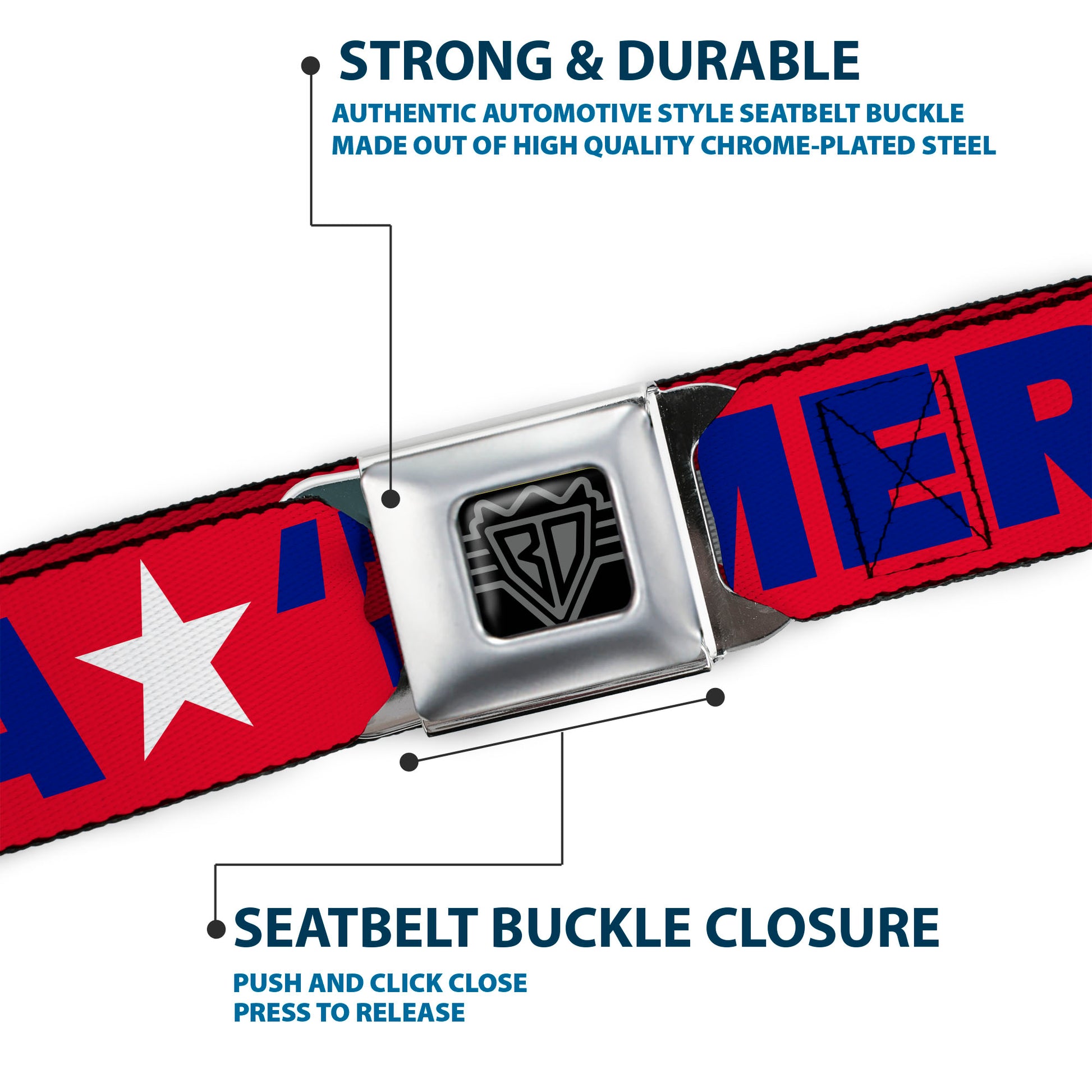 BD Wings Logo CLOSE-UP Full Color Black Silver Seatbelt Belt - 'MERICA/Star Red/Blue/White Webbing Seatbelt Belts Buckle-Down