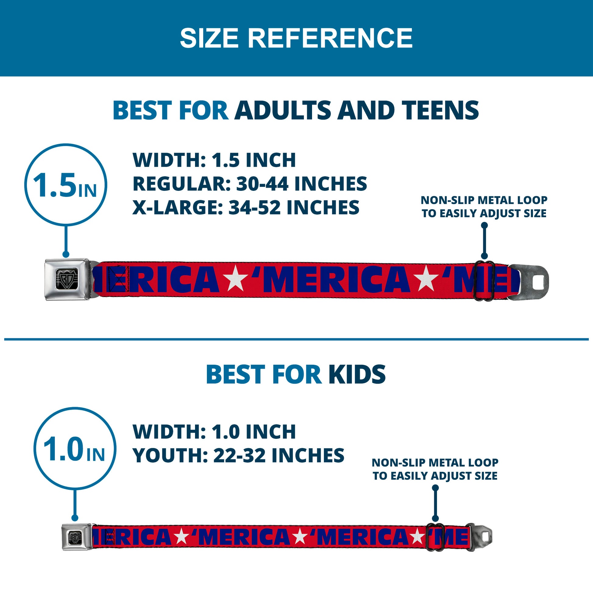 BD Wings Logo CLOSE-UP Full Color Black Silver Seatbelt Belt - 'MERICA/Star Red/Blue/White Webbing Seatbelt Belts Buckle-Down