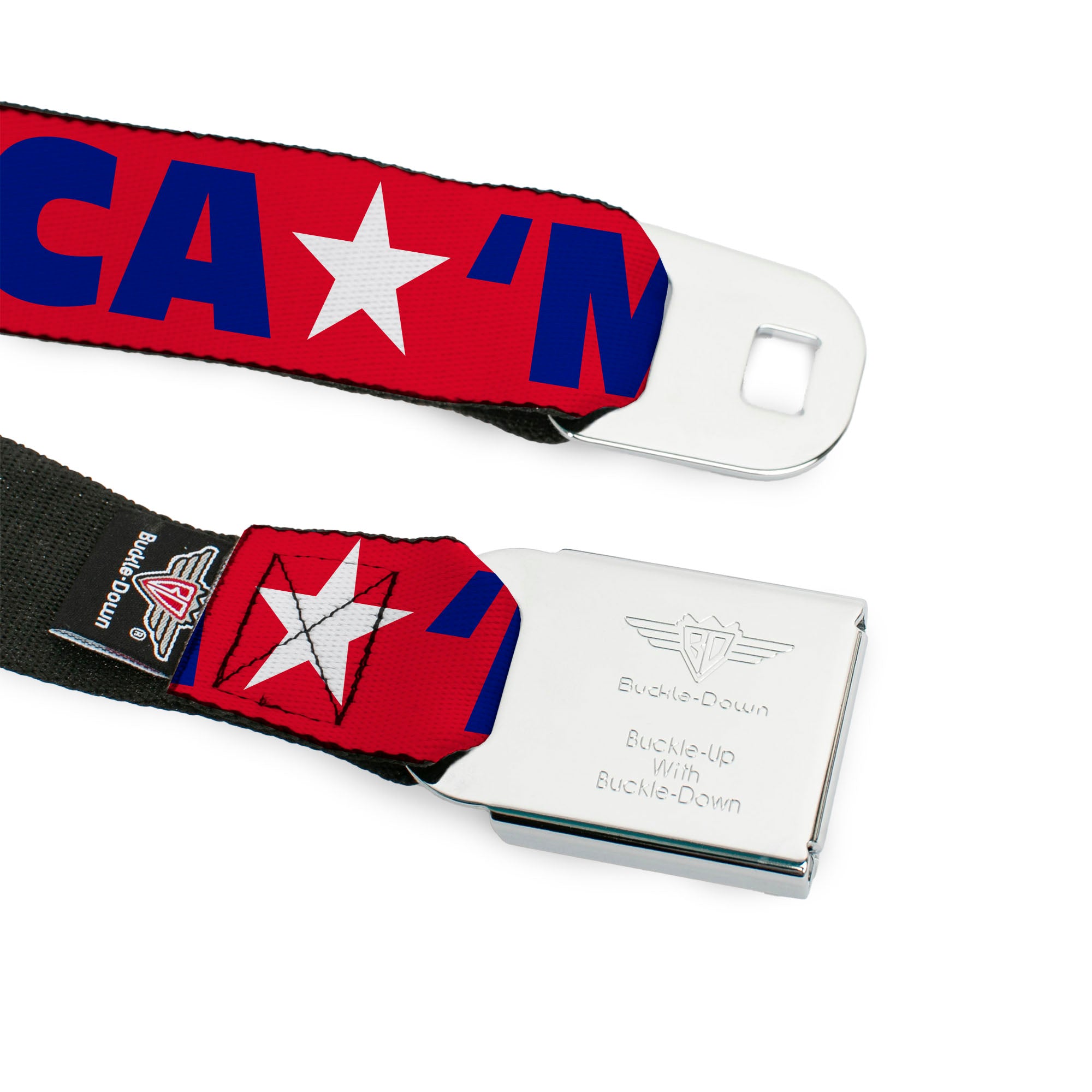 BD Wings Logo CLOSE-UP Full Color Black Silver Seatbelt Belt - 'MERICA/Star Red/Blue/White Webbing Seatbelt Belts Buckle-Down