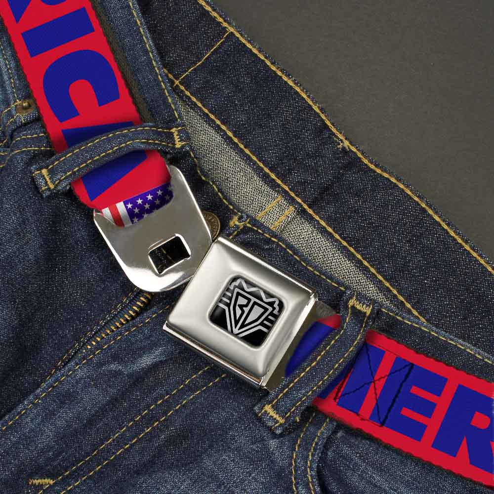 BD Wings Logo CLOSE-UP Full Color Black Silver Seatbelt Belt - 'MERICA/US Flag Red/Blue/White Webbing Seatbelt Belts Buckle-Down