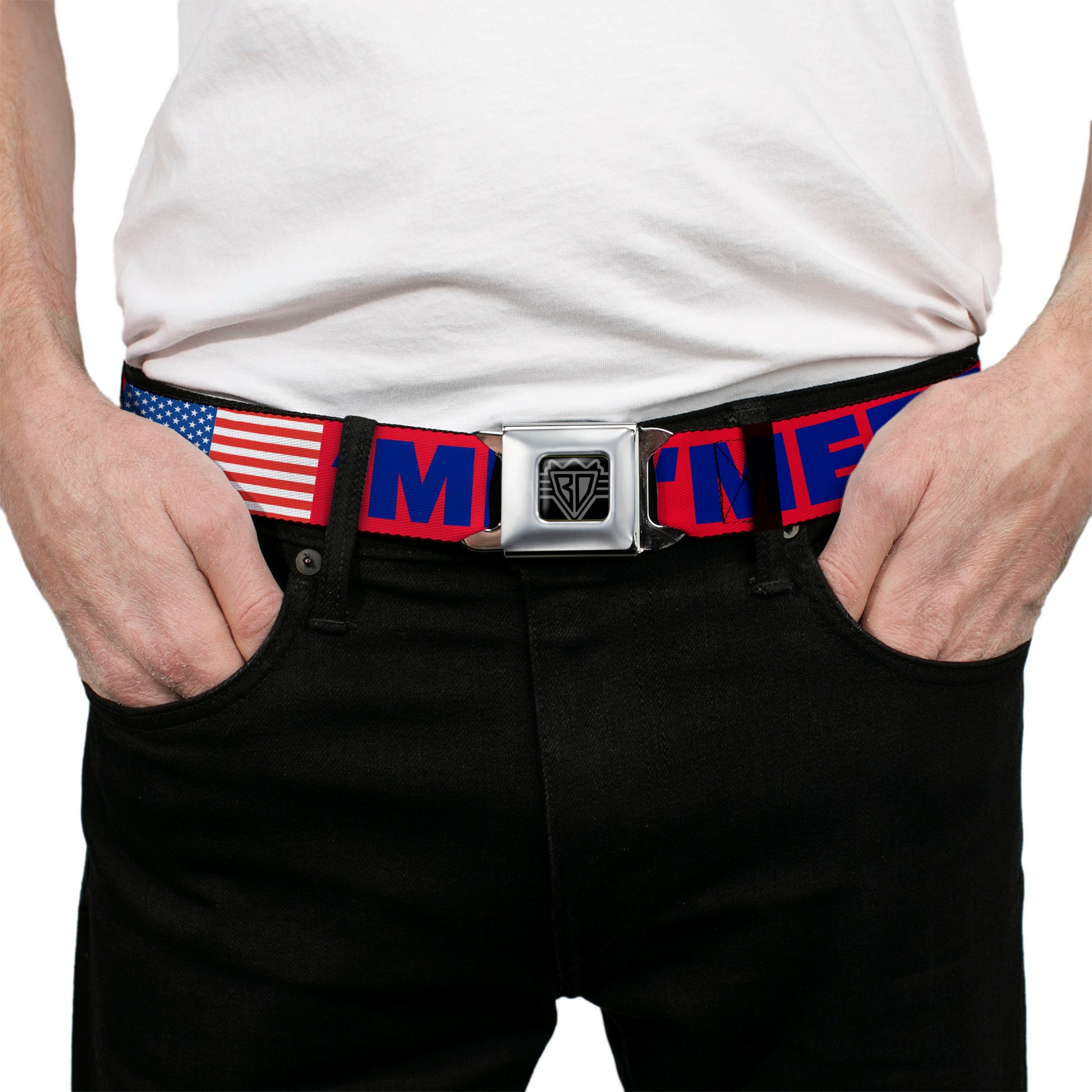 BD Wings Logo CLOSE-UP Full Color Black Silver Seatbelt Belt - 'MERICA/US Flag Red/Blue/White Webbing Seatbelt Belts Buckle-Down