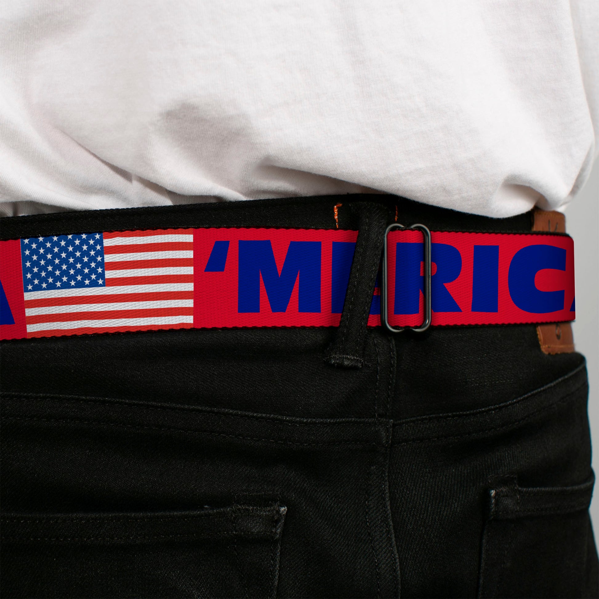 BD Wings Logo CLOSE-UP Full Color Black Silver Seatbelt Belt - 'MERICA/US Flag Red/Blue/White Webbing Seatbelt Belts Buckle-Down