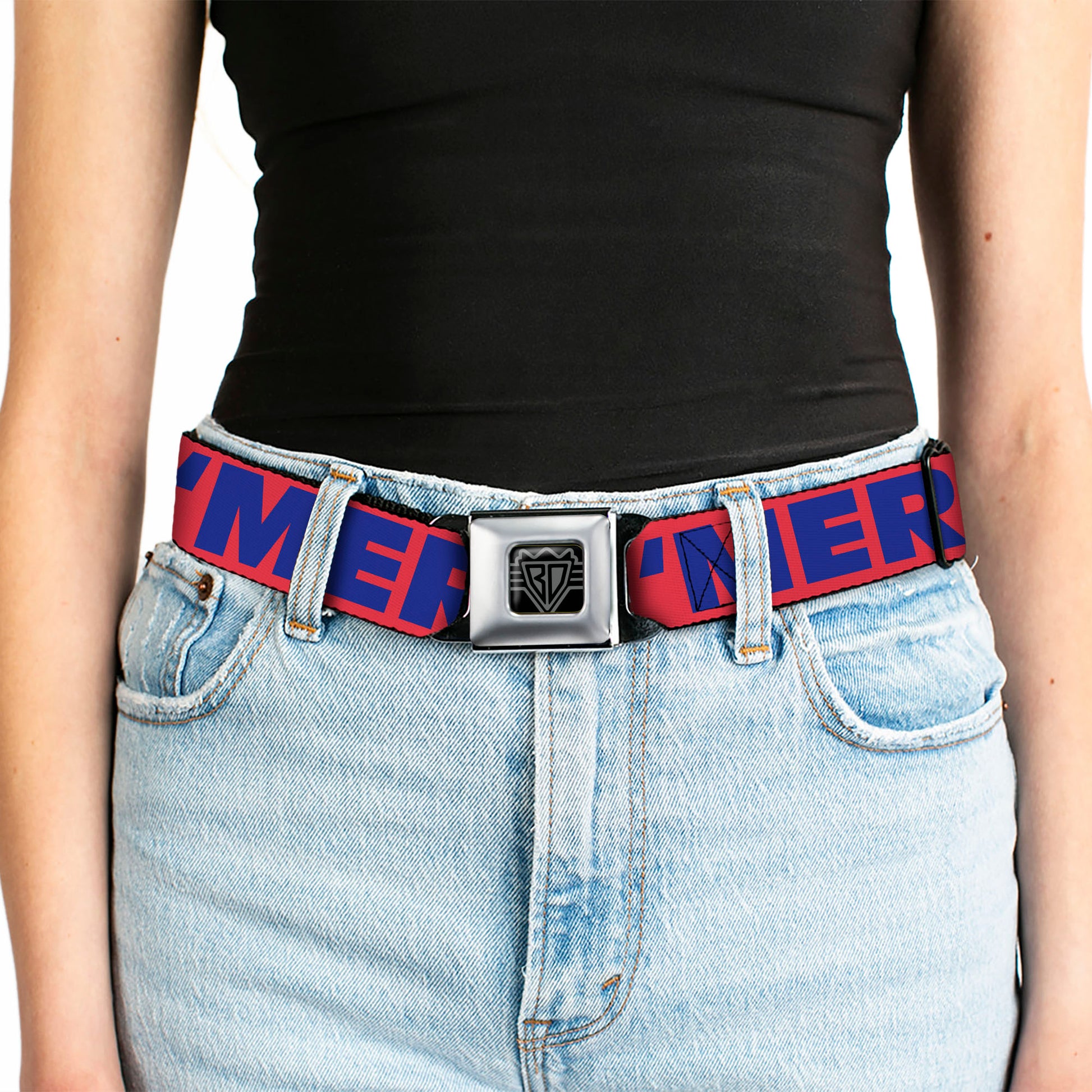 BD Wings Logo CLOSE-UP Full Color Black Silver Seatbelt Belt - 'MERICA/US Flag Red/Blue/White Webbing Seatbelt Belts Buckle-Down