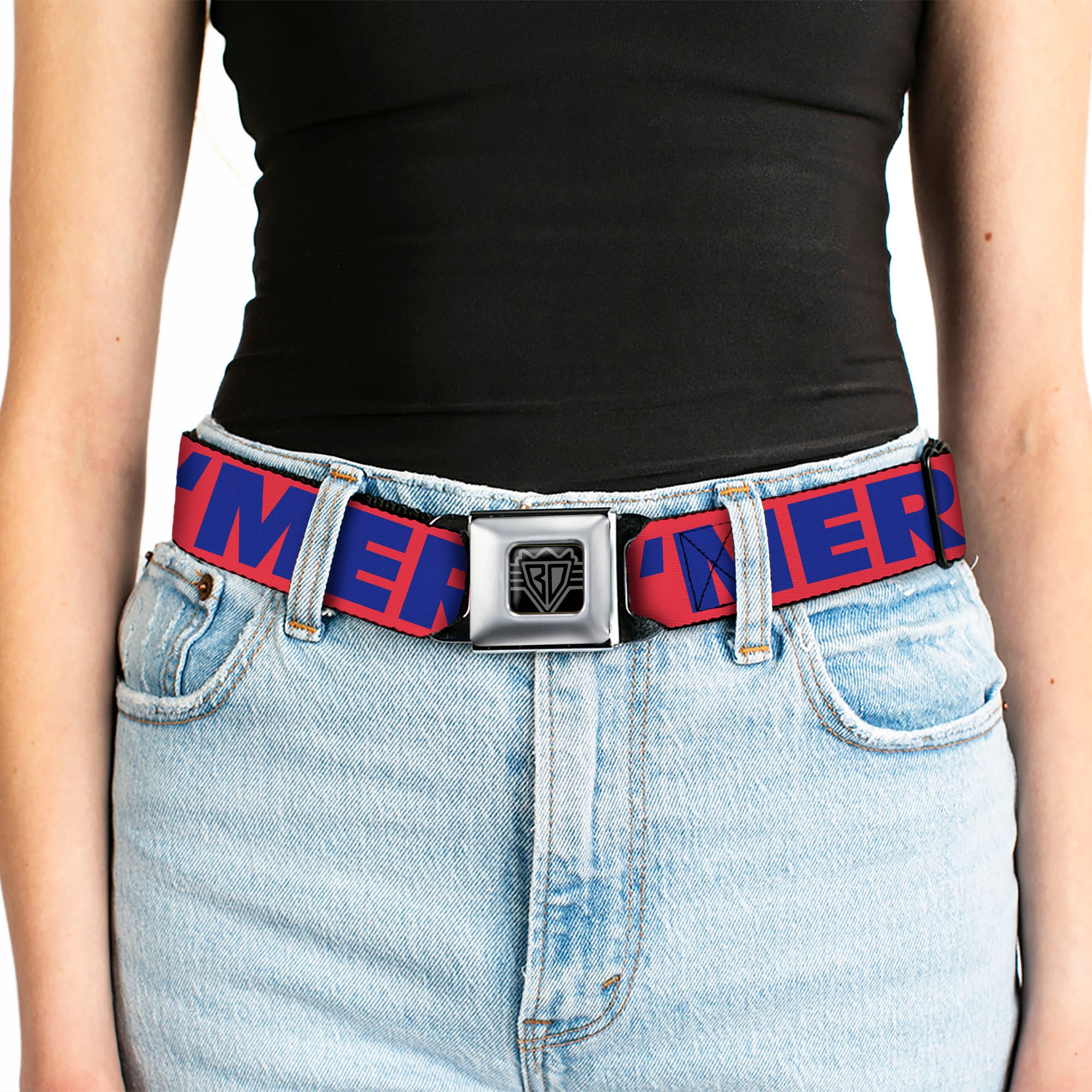 BD Wings Logo CLOSE-UP Full Color Black Silver Seatbelt Belt - 'MERICA/US Flag Red/Blue/White Webbing Seatbelt Belts Buckle-Down