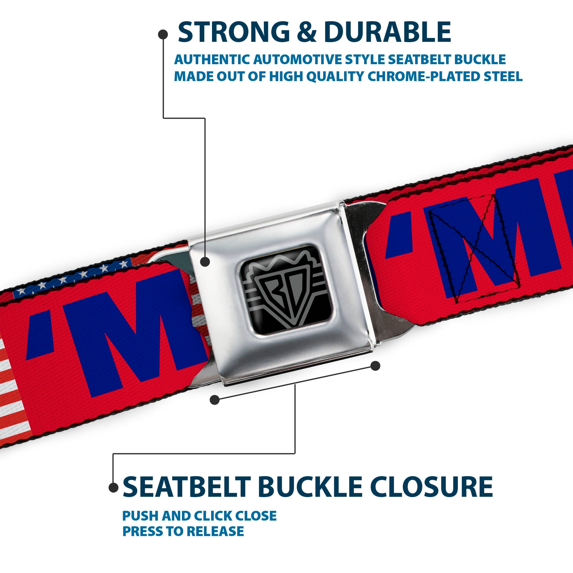 BD Wings Logo CLOSE-UP Full Color Black Silver Seatbelt Belt - 'MERICA/US Flag Red/Blue/White Webbing Seatbelt Belts Buckle-Down