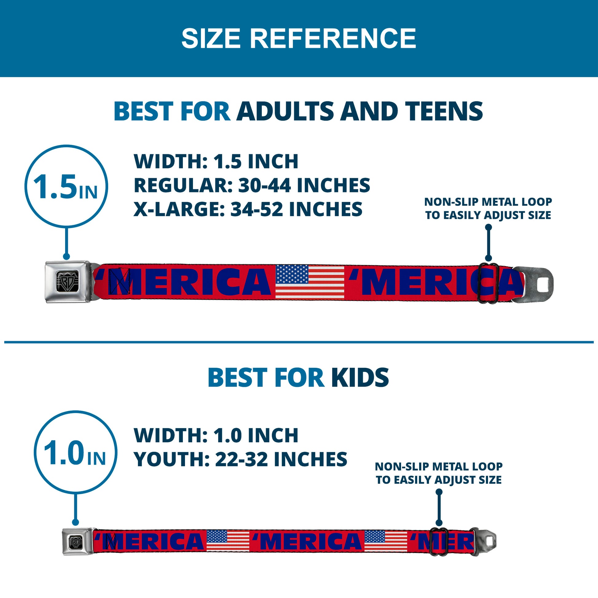 BD Wings Logo CLOSE-UP Full Color Black Silver Seatbelt Belt - 'MERICA/US Flag Red/Blue/White Webbing Seatbelt Belts Buckle-Down