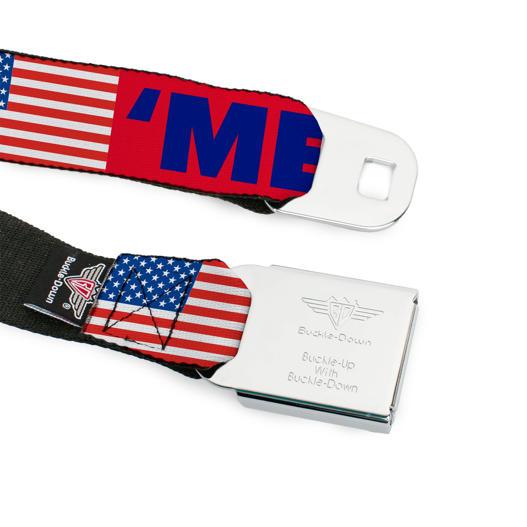 BD Wings Logo CLOSE-UP Full Color Black Silver Seatbelt Belt - 'MERICA/US Flag Red/Blue/White Webbing Seatbelt Belts Buckle-Down