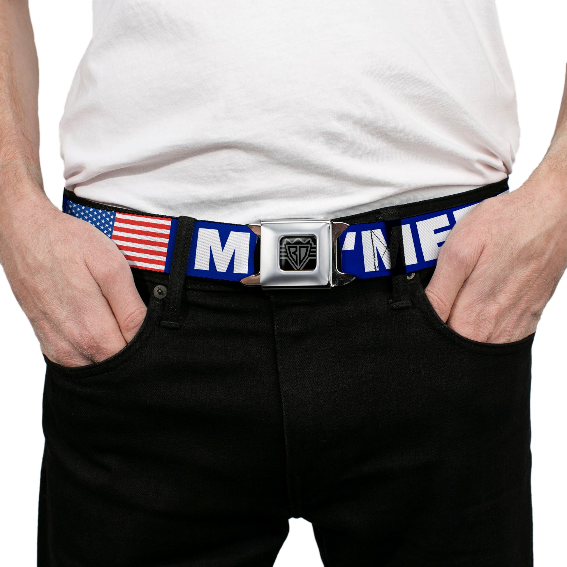 BD Wings Logo CLOSE-UP Full Color Black Silver Seatbelt Belt - 'MERICA/US Flag Blue/White/Red Webbing Seatbelt Belts Buckle-Down