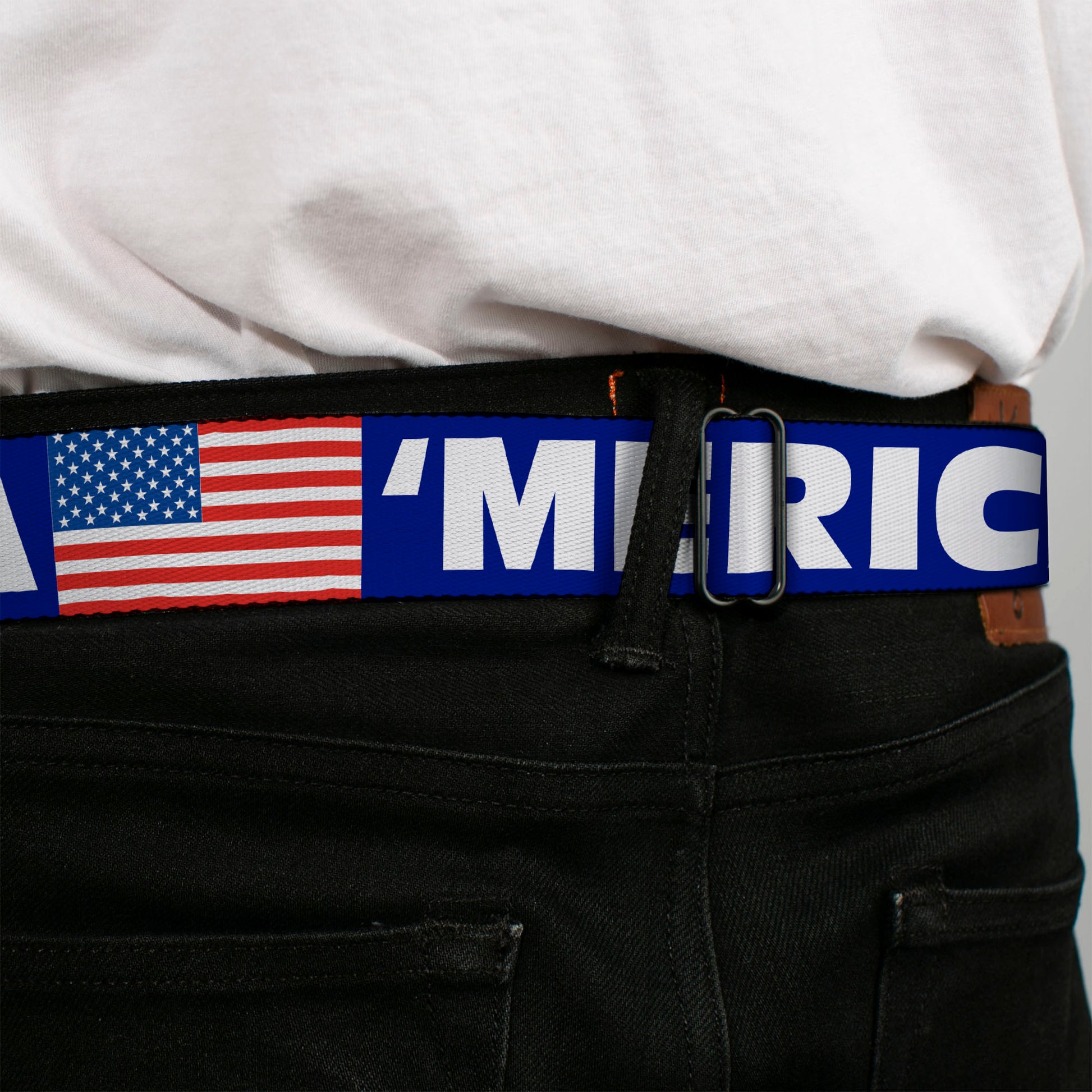 BD Wings Logo CLOSE-UP Full Color Black Silver Seatbelt Belt - 'MERICA/US Flag Blue/White/Red Webbing Seatbelt Belts Buckle-Down