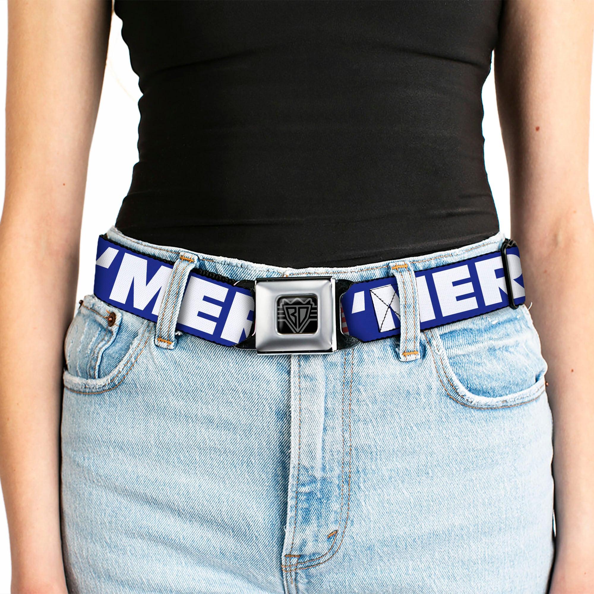 BD Wings Logo CLOSE-UP Full Color Black Silver Seatbelt Belt - 'MERICA/US Flag Blue/White/Red Webbing Seatbelt Belts Buckle-Down