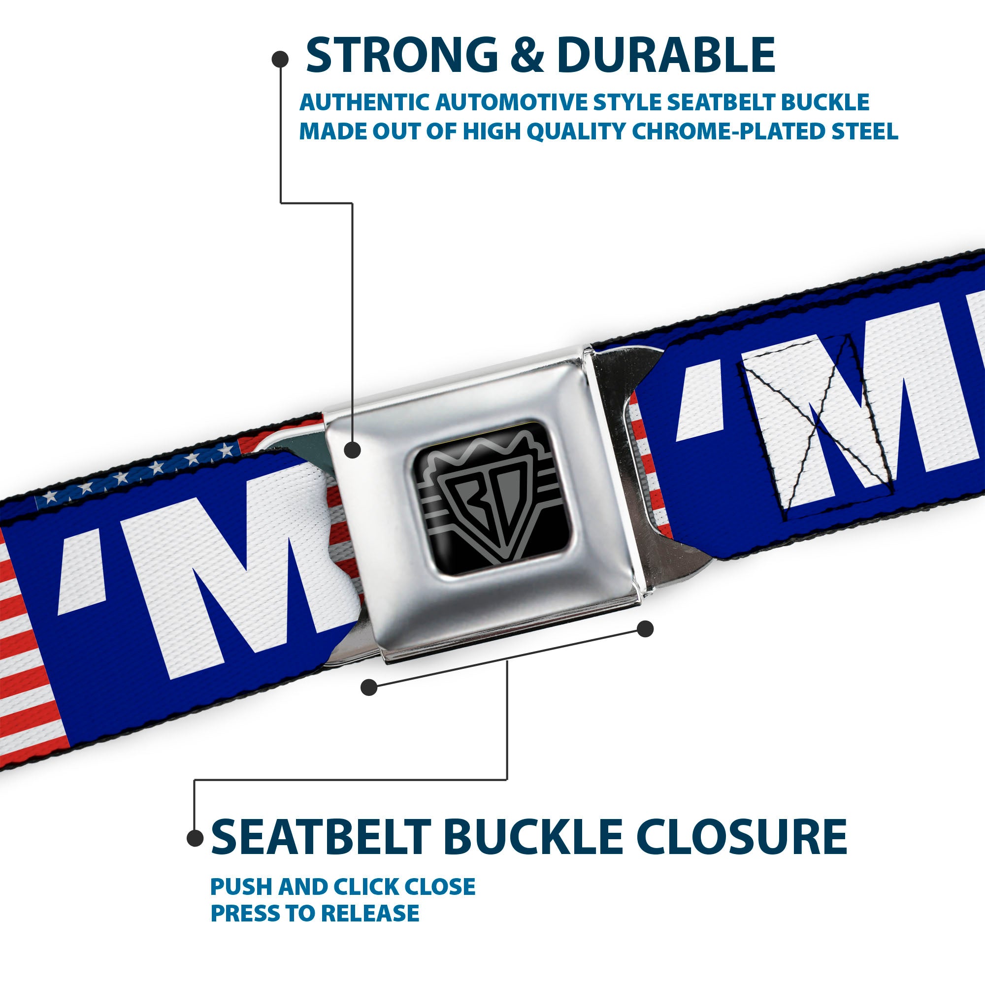 BD Wings Logo CLOSE-UP Full Color Black Silver Seatbelt Belt - 'MERICA/US Flag Blue/White/Red Webbing Seatbelt Belts Buckle-Down