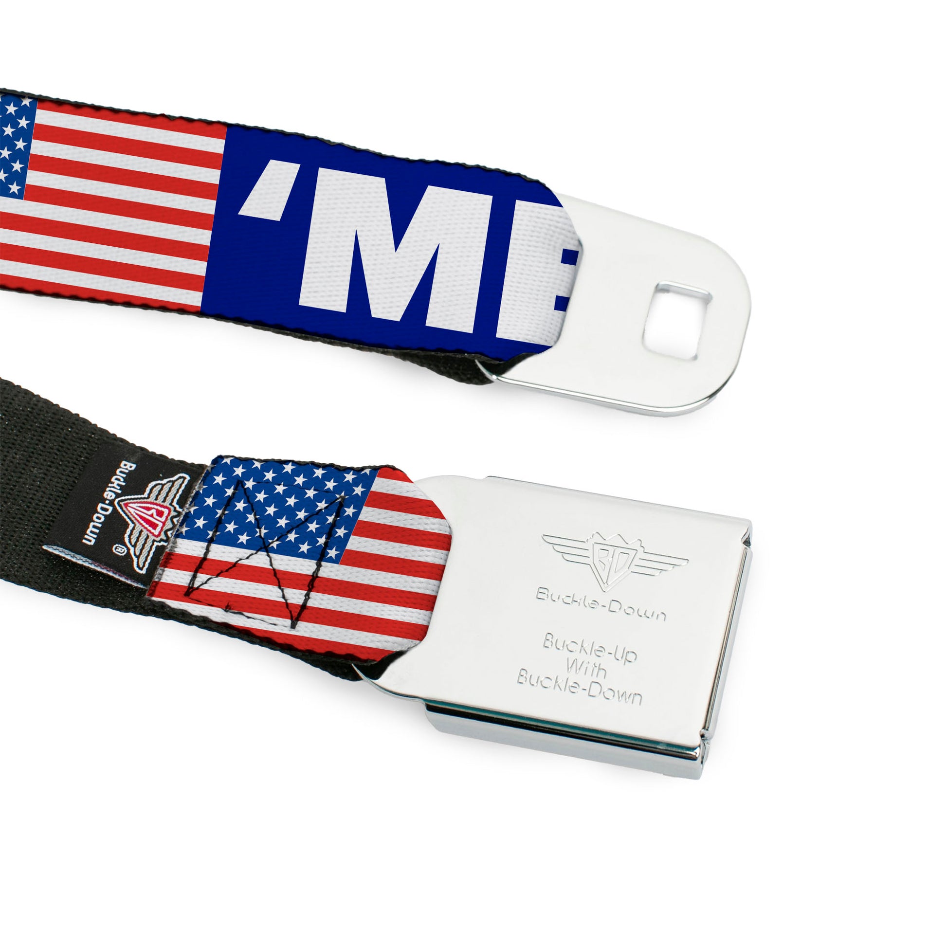 BD Wings Logo CLOSE-UP Full Color Black Silver Seatbelt Belt - 'MERICA/US Flag Blue/White/Red Webbing Seatbelt Belts Buckle-Down