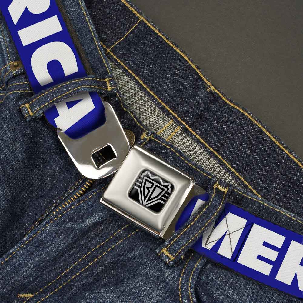BD Wings Logo CLOSE-UP Full Color Black Silver Seatbelt Belt - 'MERICA/USA Silhouette Blue/White/US Flag Webbing Seatbelt Belts Buckle-Down