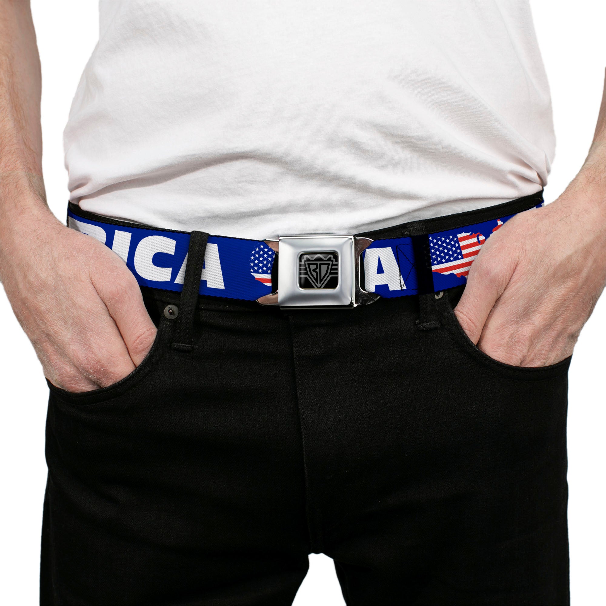 BD Wings Logo CLOSE-UP Full Color Black Silver Seatbelt Belt - 'MERICA/USA Silhouette Blue/White/US Flag Webbing Seatbelt Belts Buckle-Down