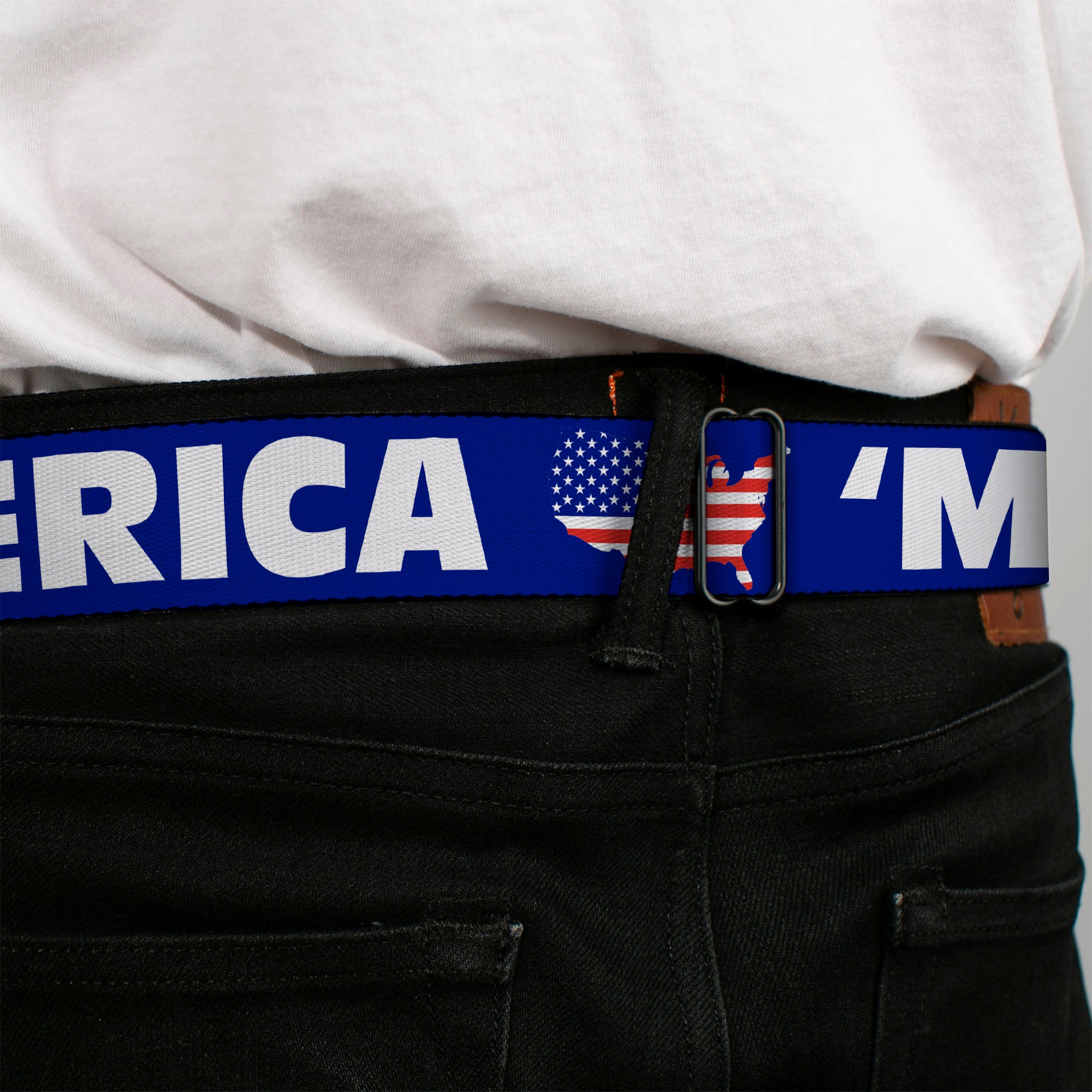BD Wings Logo CLOSE-UP Full Color Black Silver Seatbelt Belt - 'MERICA/USA Silhouette Blue/White/US Flag Webbing Seatbelt Belts Buckle-Down