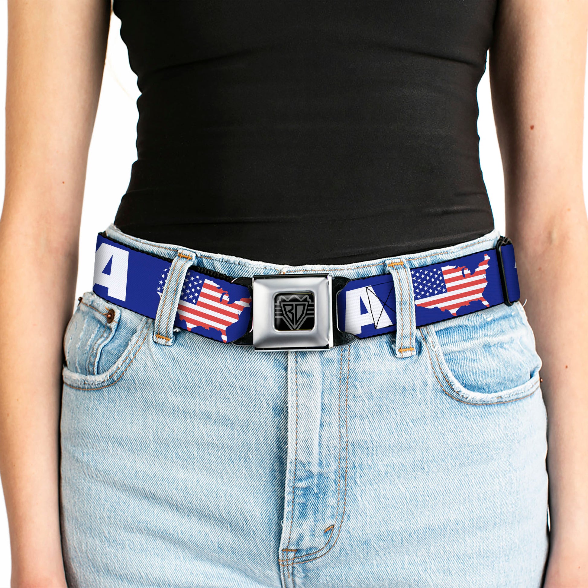 BD Wings Logo CLOSE-UP Full Color Black Silver Seatbelt Belt - 'MERICA/USA Silhouette Blue/White/US Flag Webbing Seatbelt Belts Buckle-Down