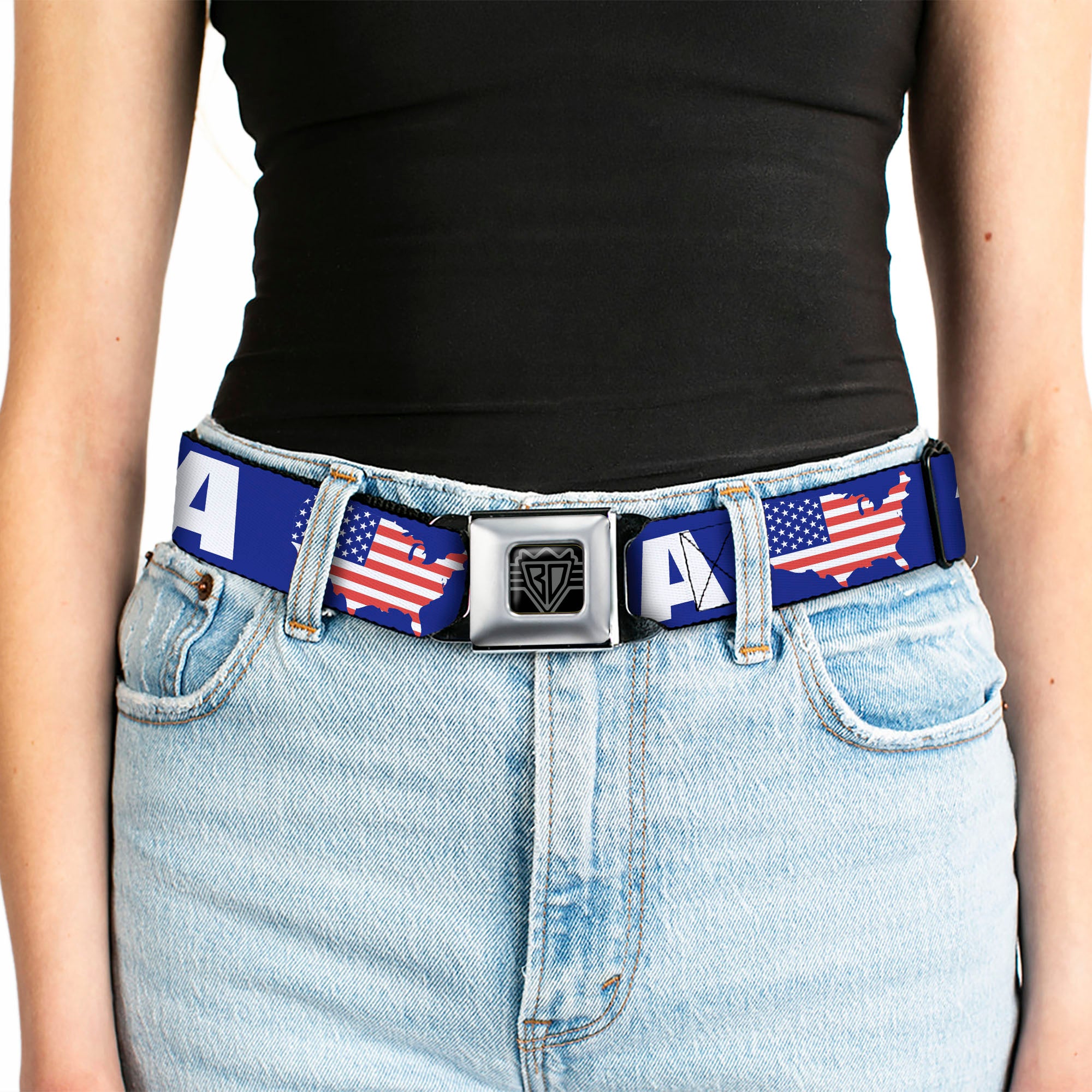 BD Wings Logo CLOSE-UP Full Color Black Silver Seatbelt Belt - 'MERICA/USA Silhouette Blue/White/US Flag Webbing Seatbelt Belts Buckle-Down