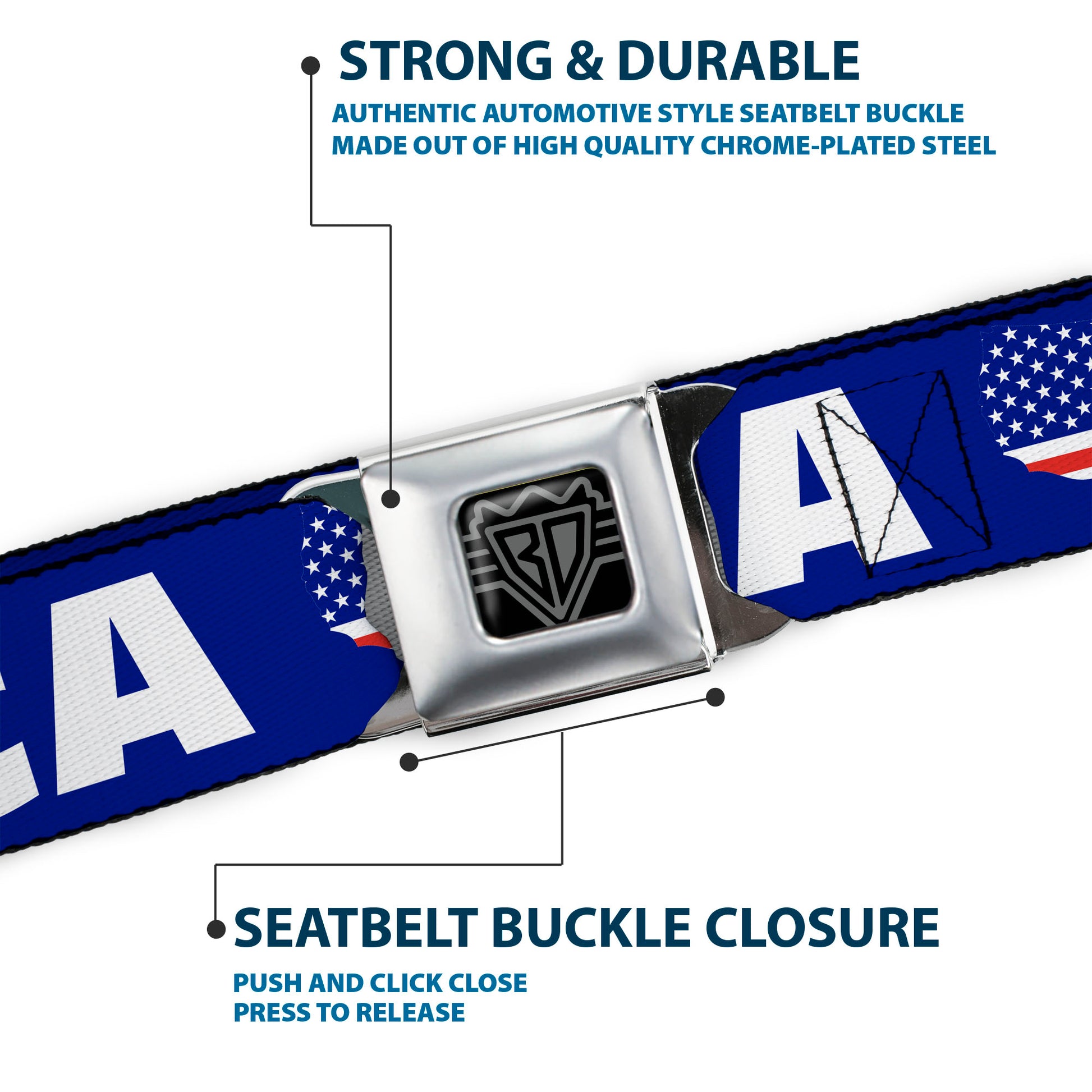 BD Wings Logo CLOSE-UP Full Color Black Silver Seatbelt Belt - 'MERICA/USA Silhouette Blue/White/US Flag Webbing Seatbelt Belts Buckle-Down