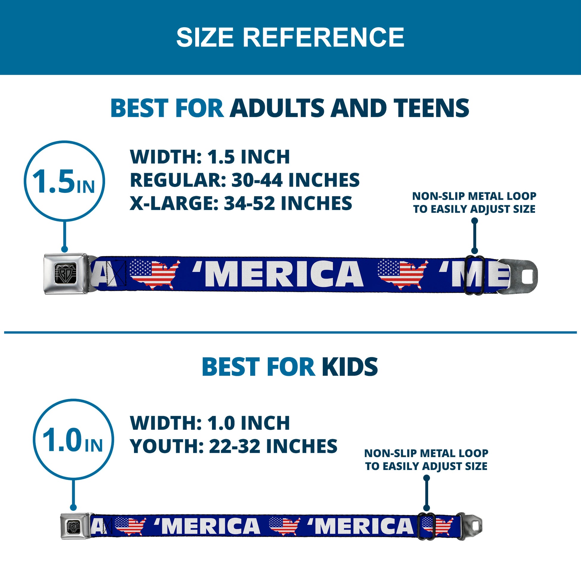 BD Wings Logo CLOSE-UP Full Color Black Silver Seatbelt Belt - 'MERICA/USA Silhouette Blue/White/US Flag Webbing Seatbelt Belts Buckle-Down