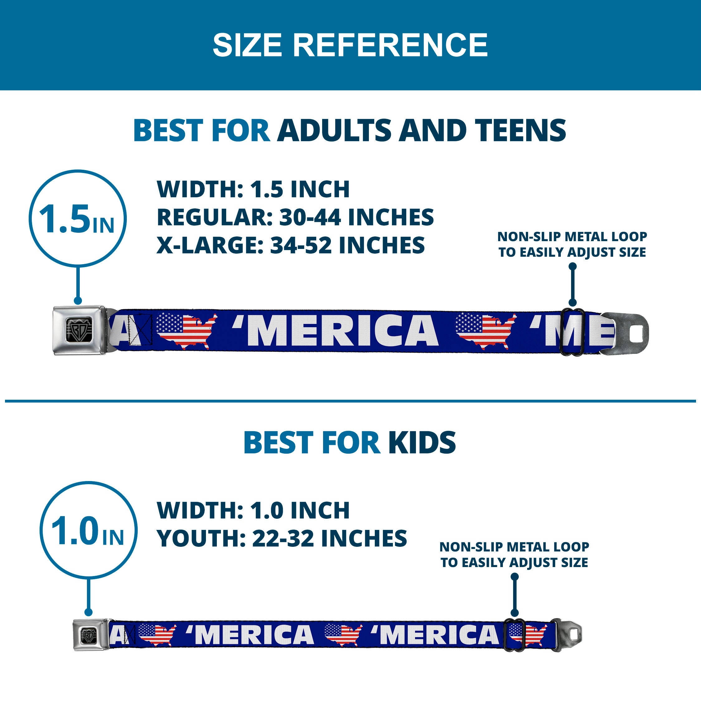 BD Wings Logo CLOSE-UP Full Color Black Silver Seatbelt Belt - 'MERICA/USA Silhouette Blue/White/US Flag Webbing Seatbelt Belts Buckle-Down