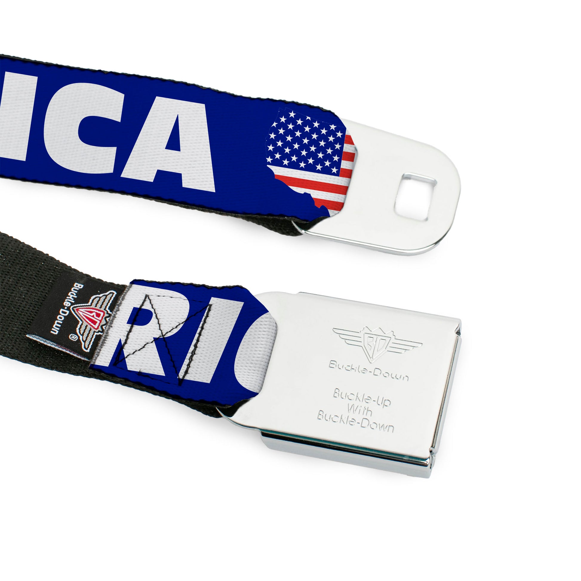 BD Wings Logo CLOSE-UP Full Color Black Silver Seatbelt Belt - 'MERICA/USA Silhouette Blue/White/US Flag Webbing Seatbelt Belts Buckle-Down