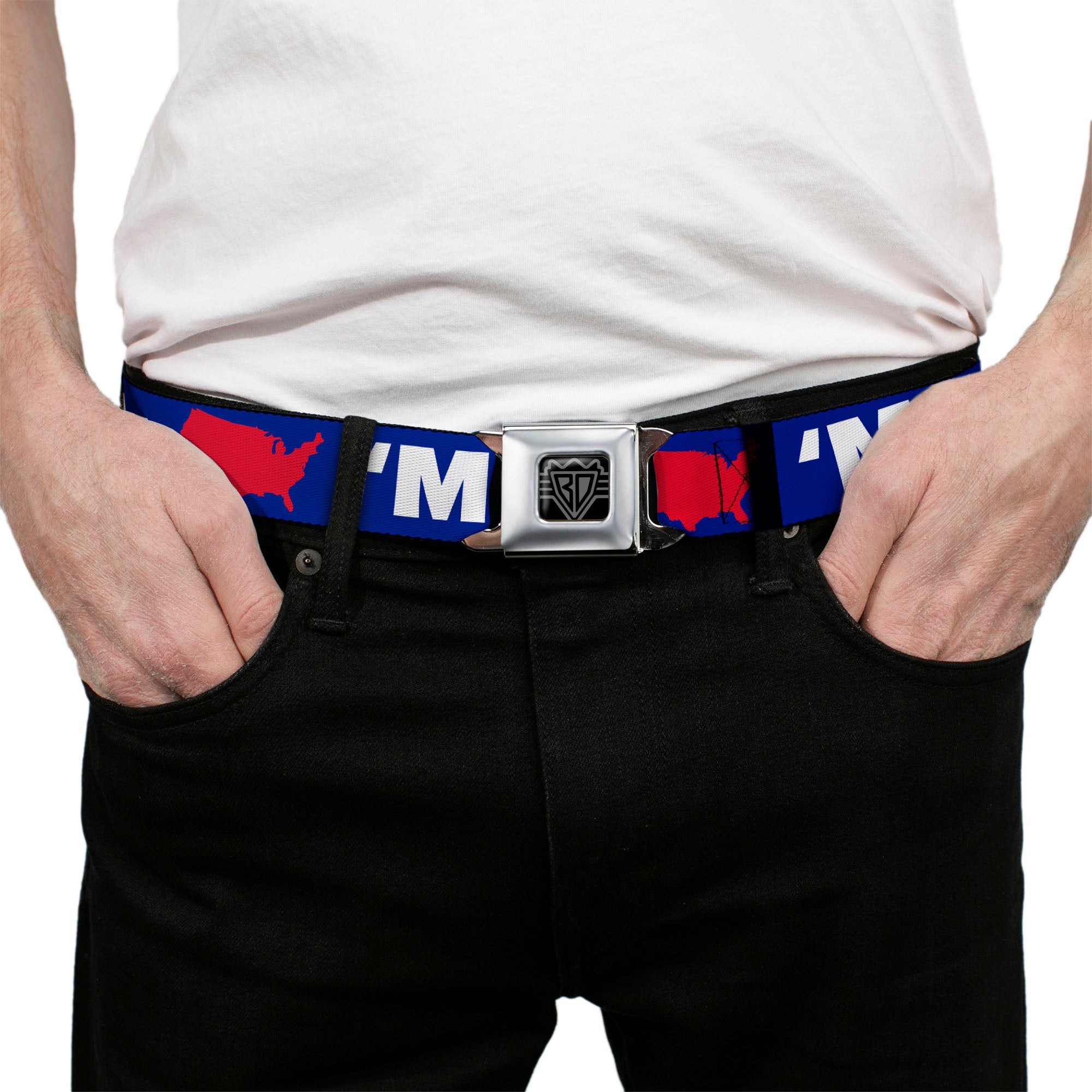 BD Wings Logo CLOSE-UP Full Color Black Silver Seatbelt Belt - 'MERICA/USA Silhouette Blue/White/Red Webbing Seatbelt Belts Buckle-Down