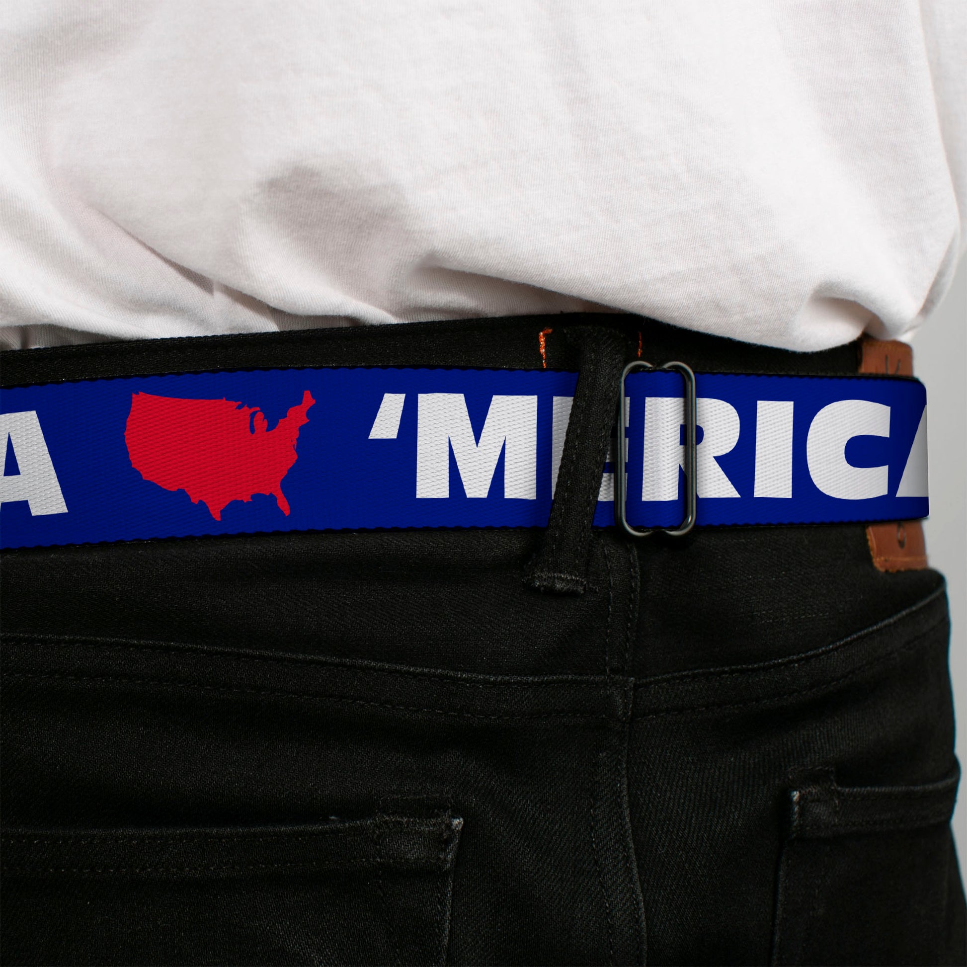 BD Wings Logo CLOSE-UP Full Color Black Silver Seatbelt Belt - 'MERICA/USA Silhouette Blue/White/Red Webbing Seatbelt Belts Buckle-Down