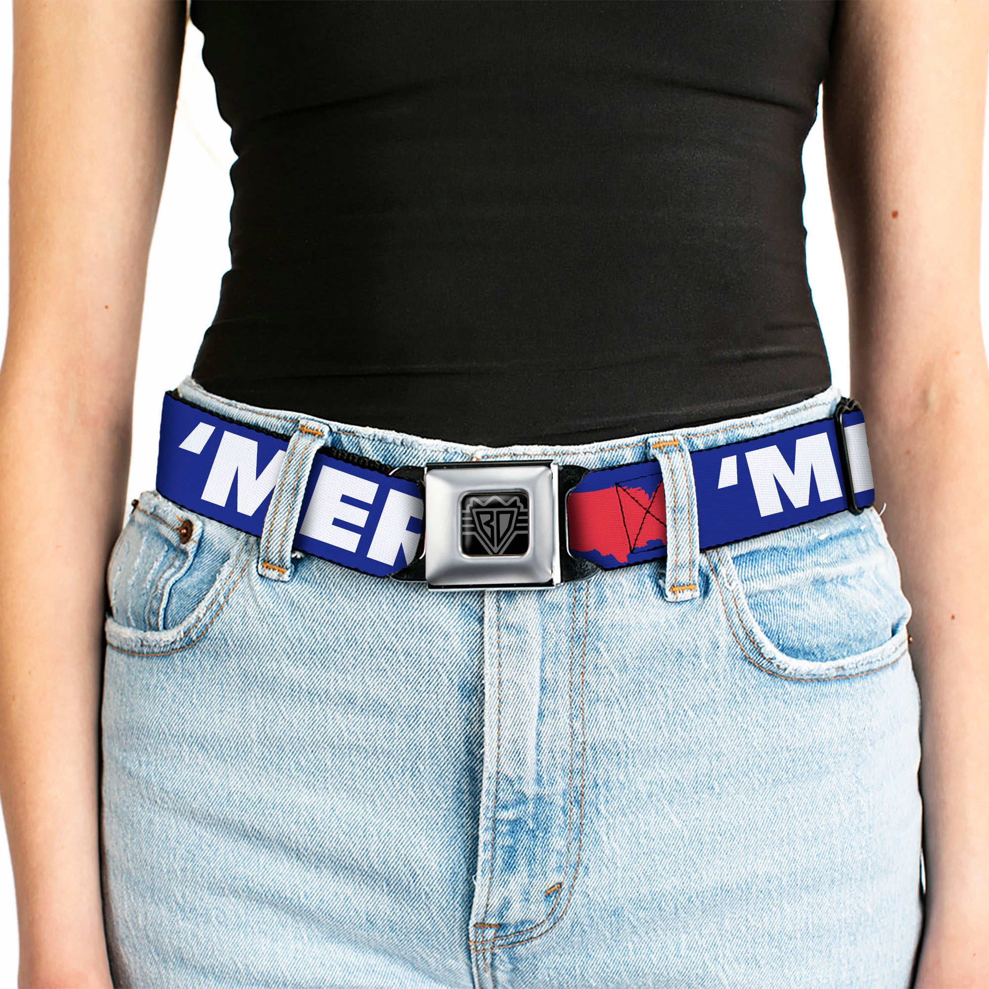 BD Wings Logo CLOSE-UP Full Color Black Silver Seatbelt Belt - 'MERICA/USA Silhouette Blue/White/Red Webbing Seatbelt Belts Buckle-Down