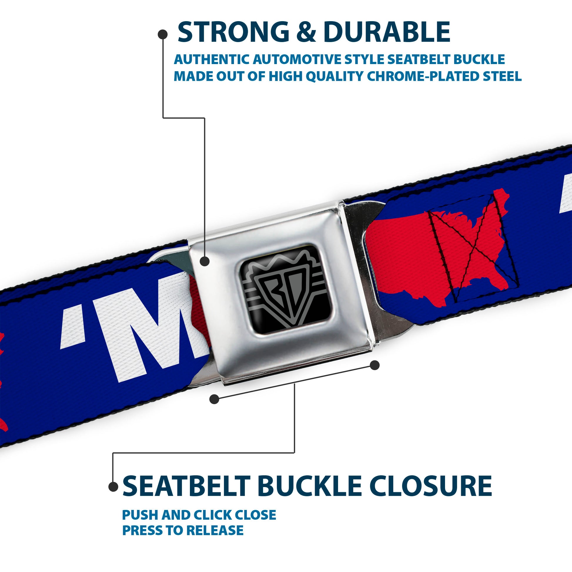 BD Wings Logo CLOSE-UP Full Color Black Silver Seatbelt Belt - 'MERICA/USA Silhouette Blue/White/Red Webbing Seatbelt Belts Buckle-Down