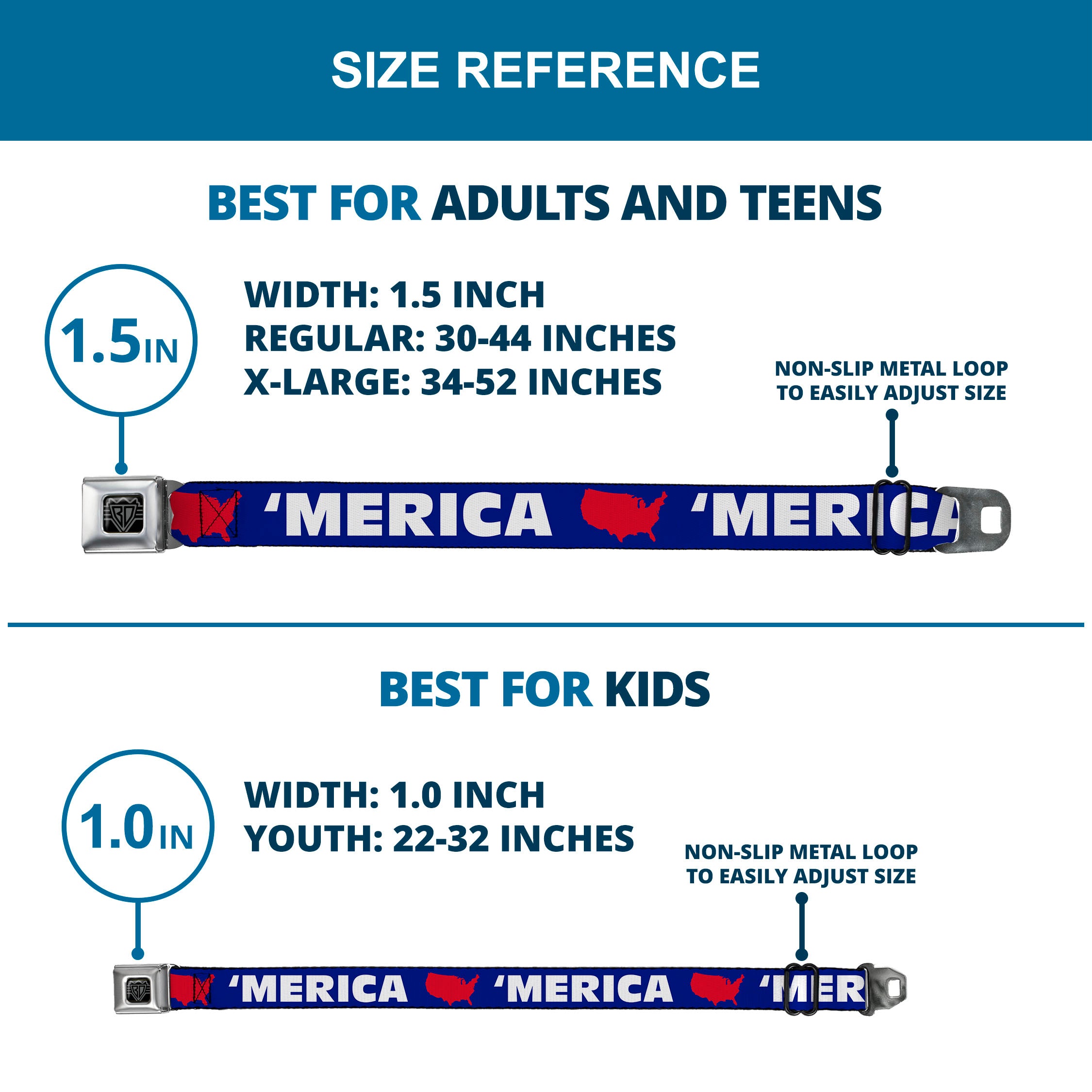 BD Wings Logo CLOSE-UP Full Color Black Silver Seatbelt Belt - 'MERICA/USA Silhouette Blue/White/Red Webbing Seatbelt Belts Buckle-Down