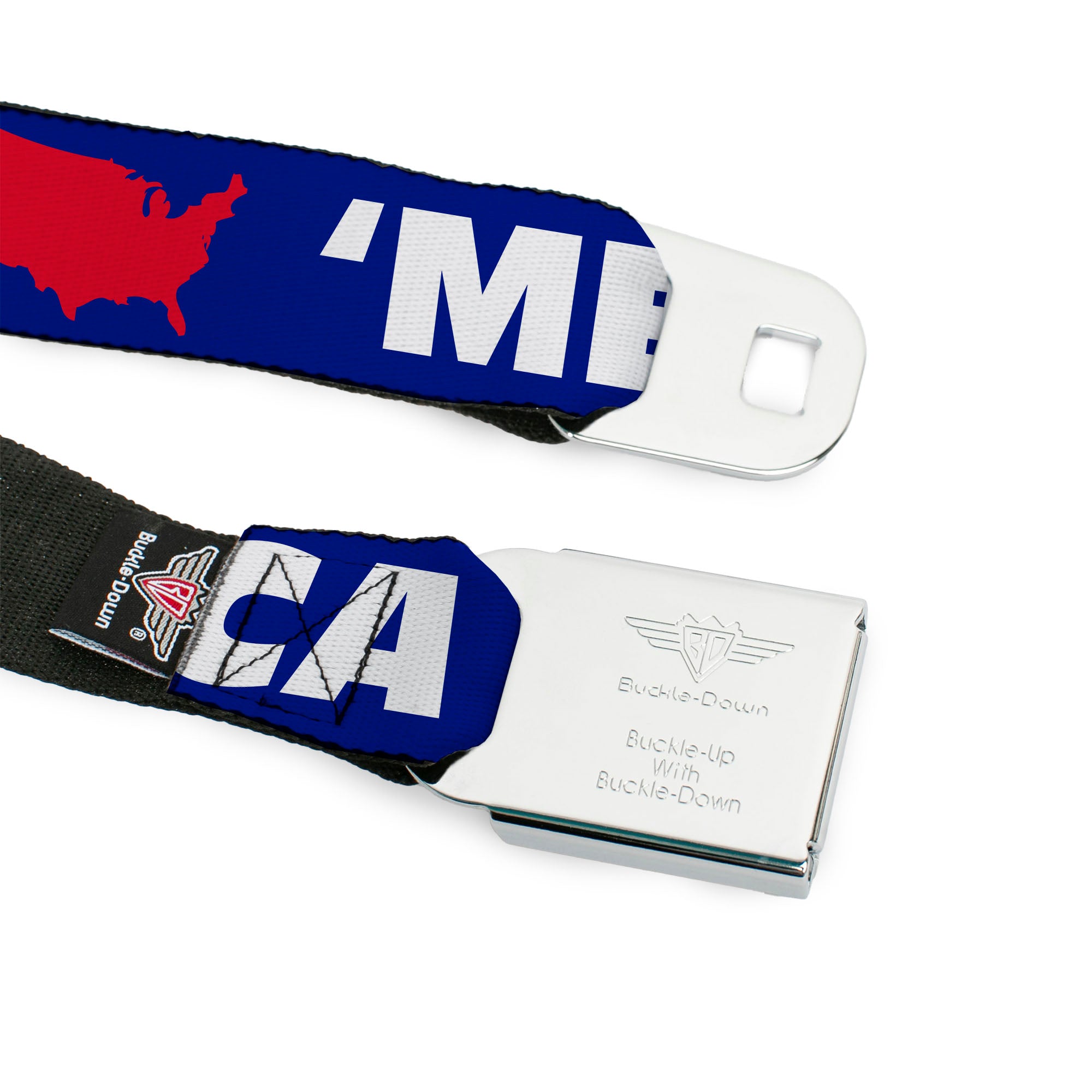 BD Wings Logo CLOSE-UP Full Color Black Silver Seatbelt Belt - 'MERICA/USA Silhouette Blue/White/Red Webbing Seatbelt Belts Buckle-Down